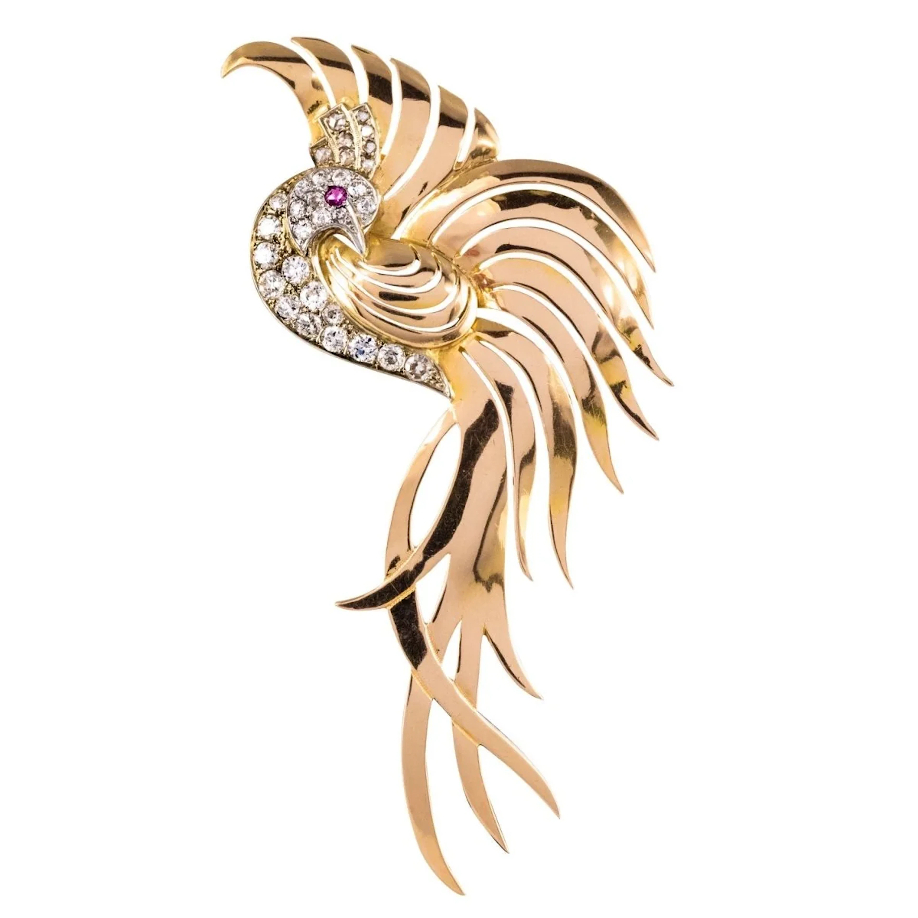 Brooch Pin in yellow gold, paltinium, ruby and diamonds