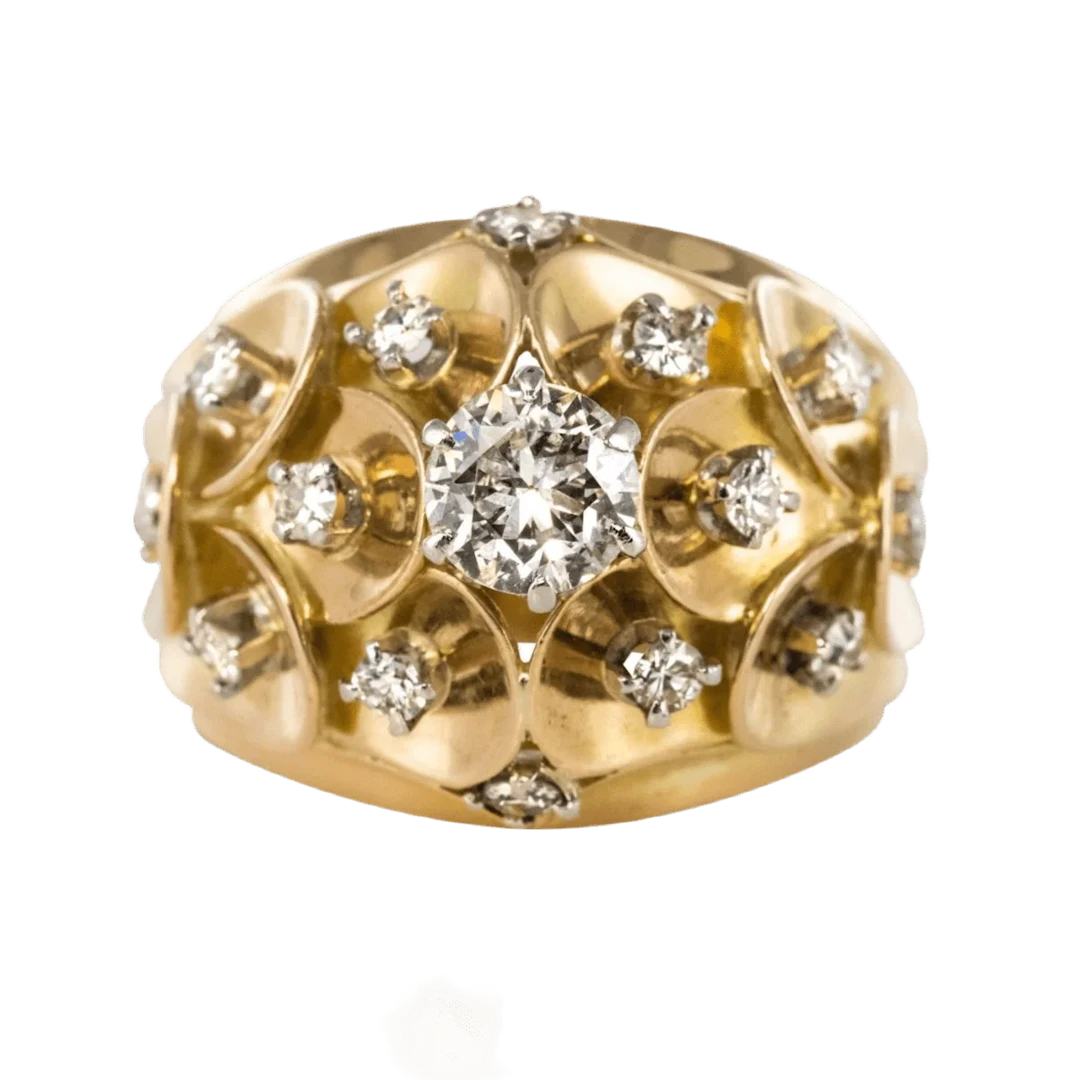 Dome ring in yellow gold, platinum and diamonds