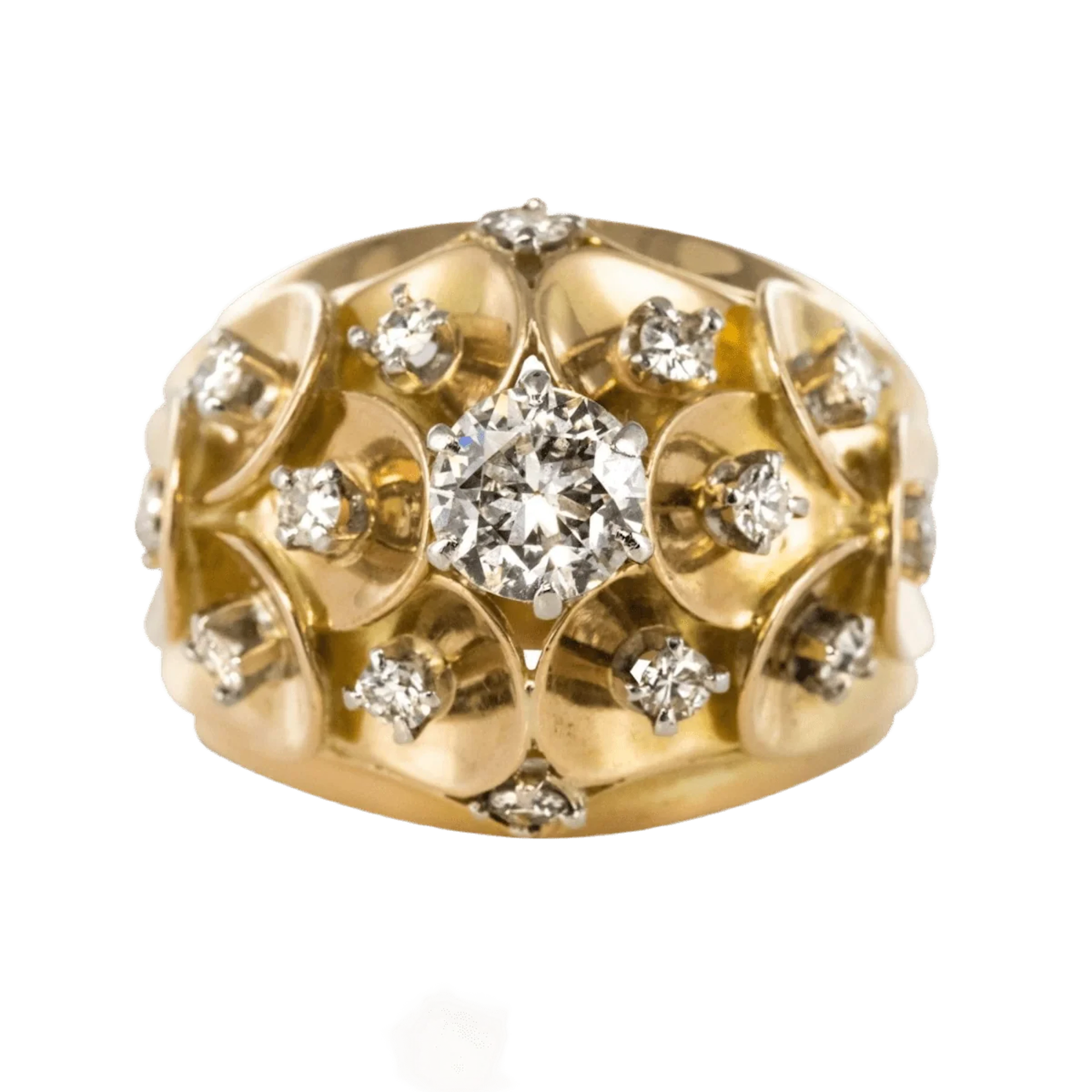 Dome ring in yellow gold, platinum and diamonds