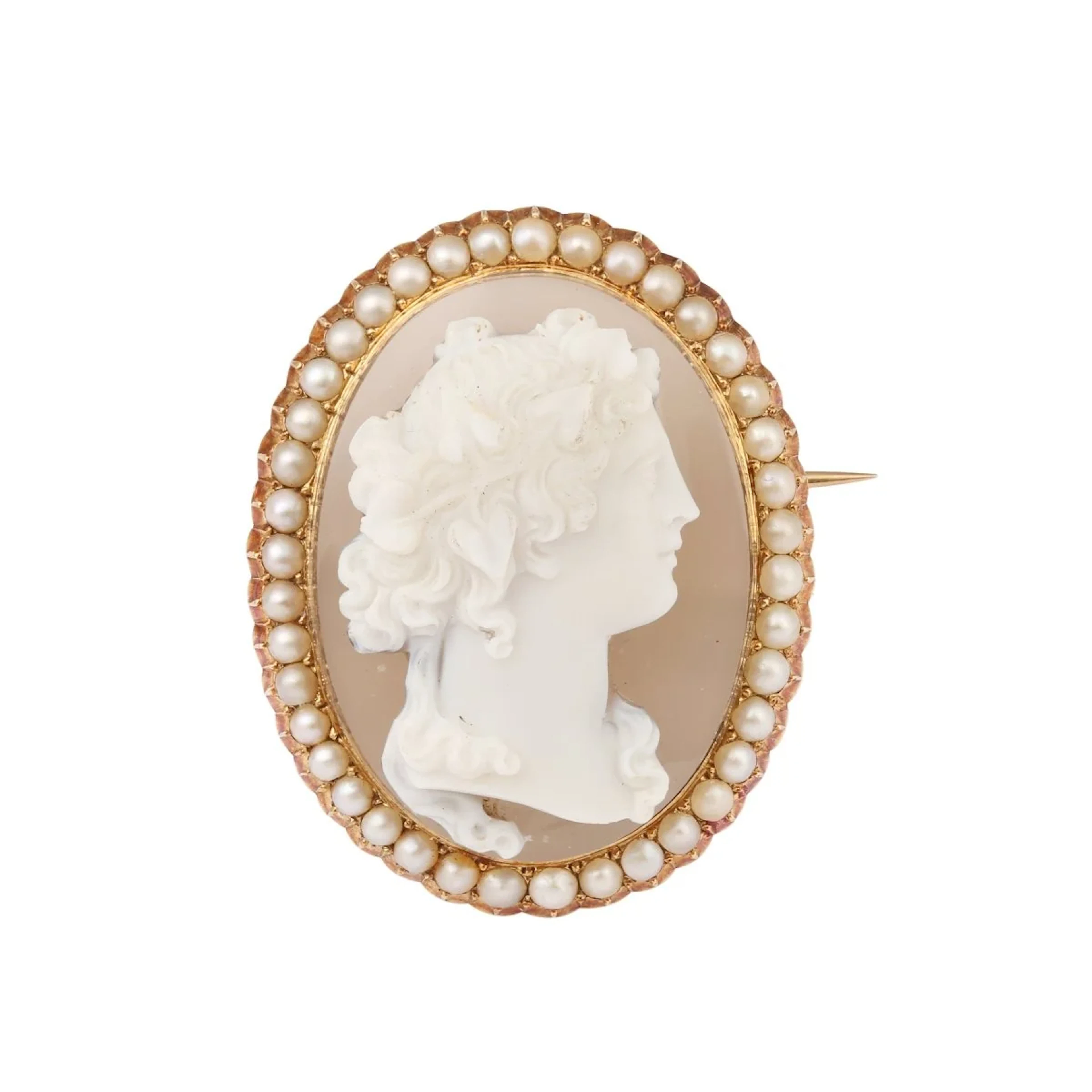 Brooch Pin in Yellow gold, sardonyx and Pearls