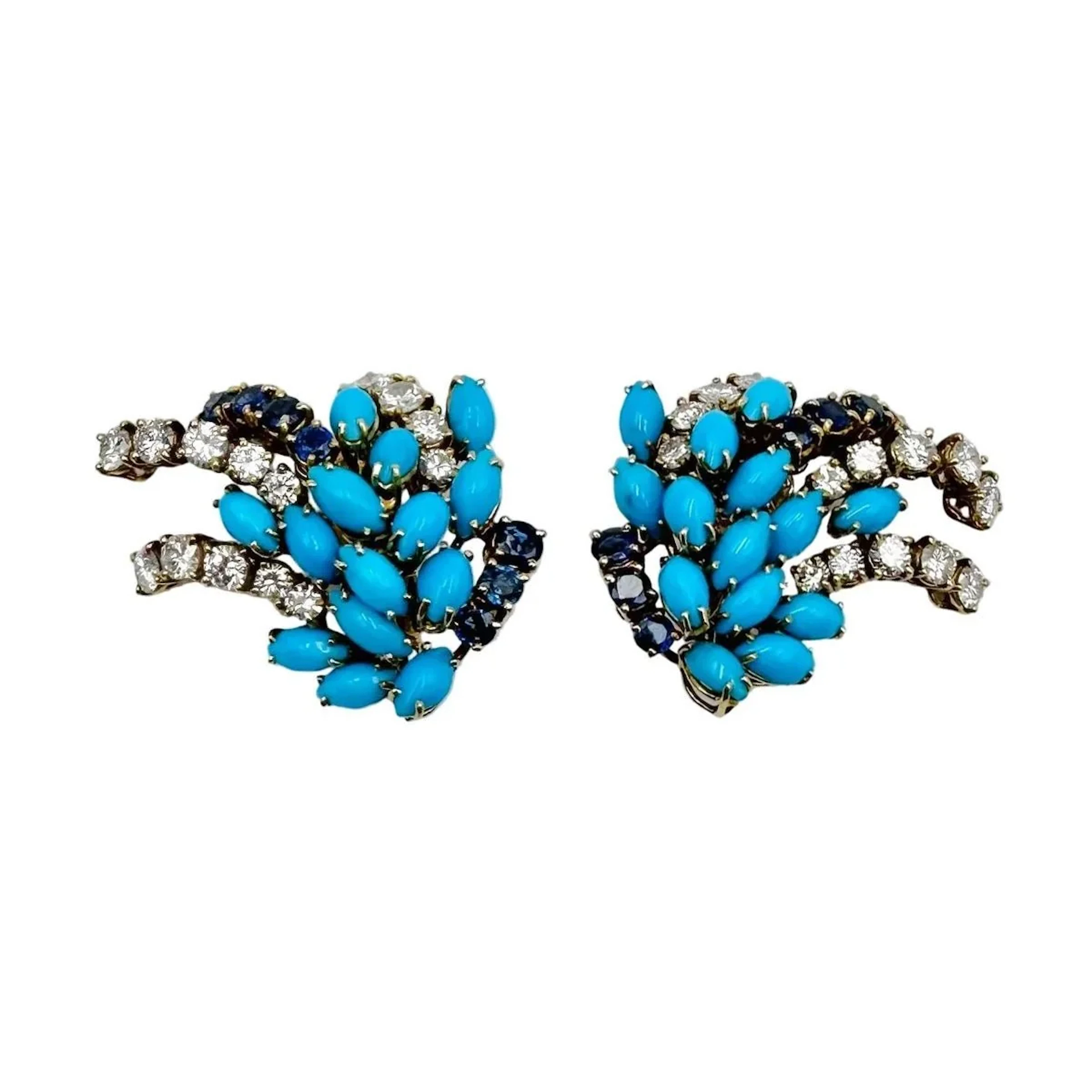 Earrings Clips BOUCHERON yellow gold, turquoise, sapphires and diamonds