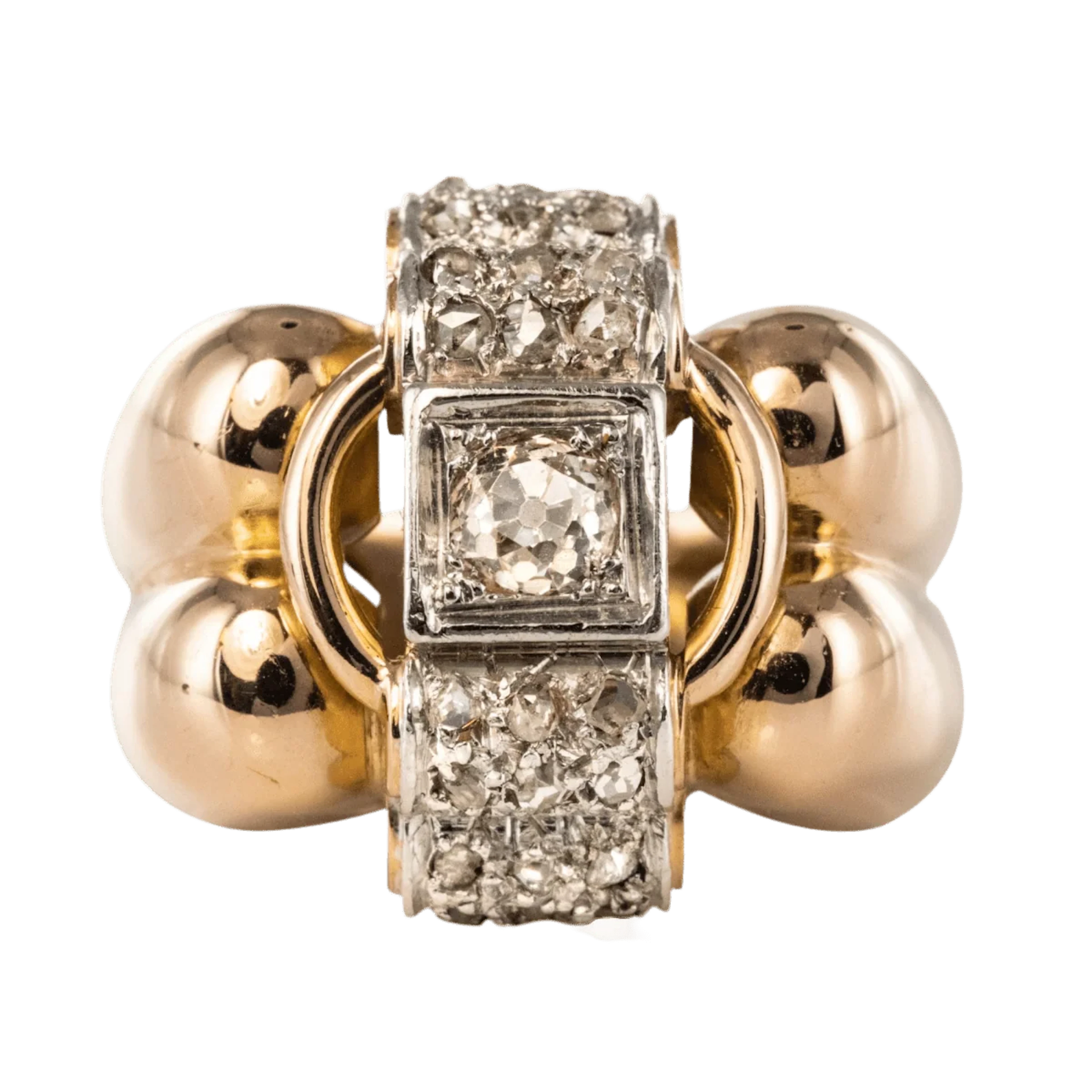 Tank ring in rose gold, platinum and diamond