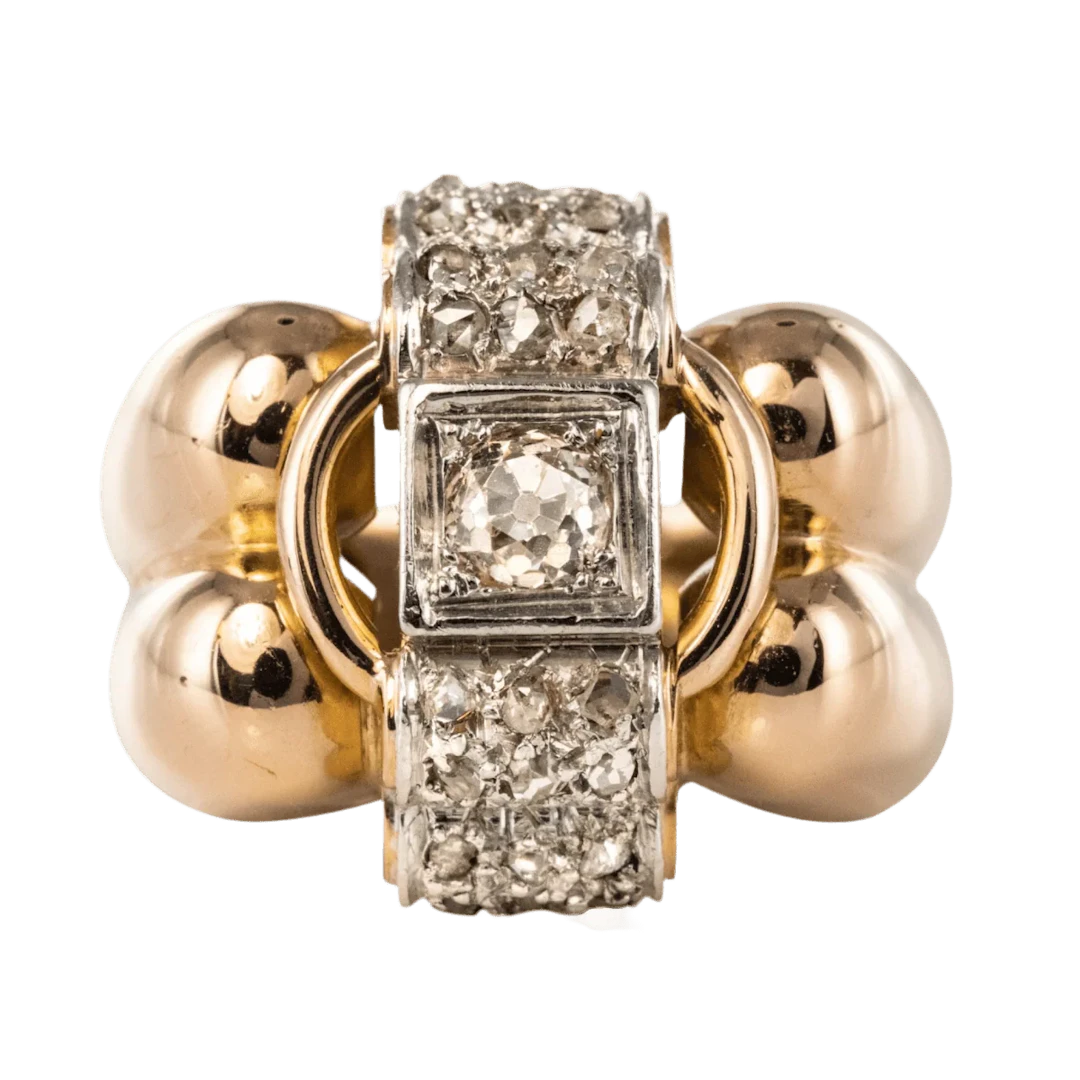 Tank ring in rose gold, platinum and diamond