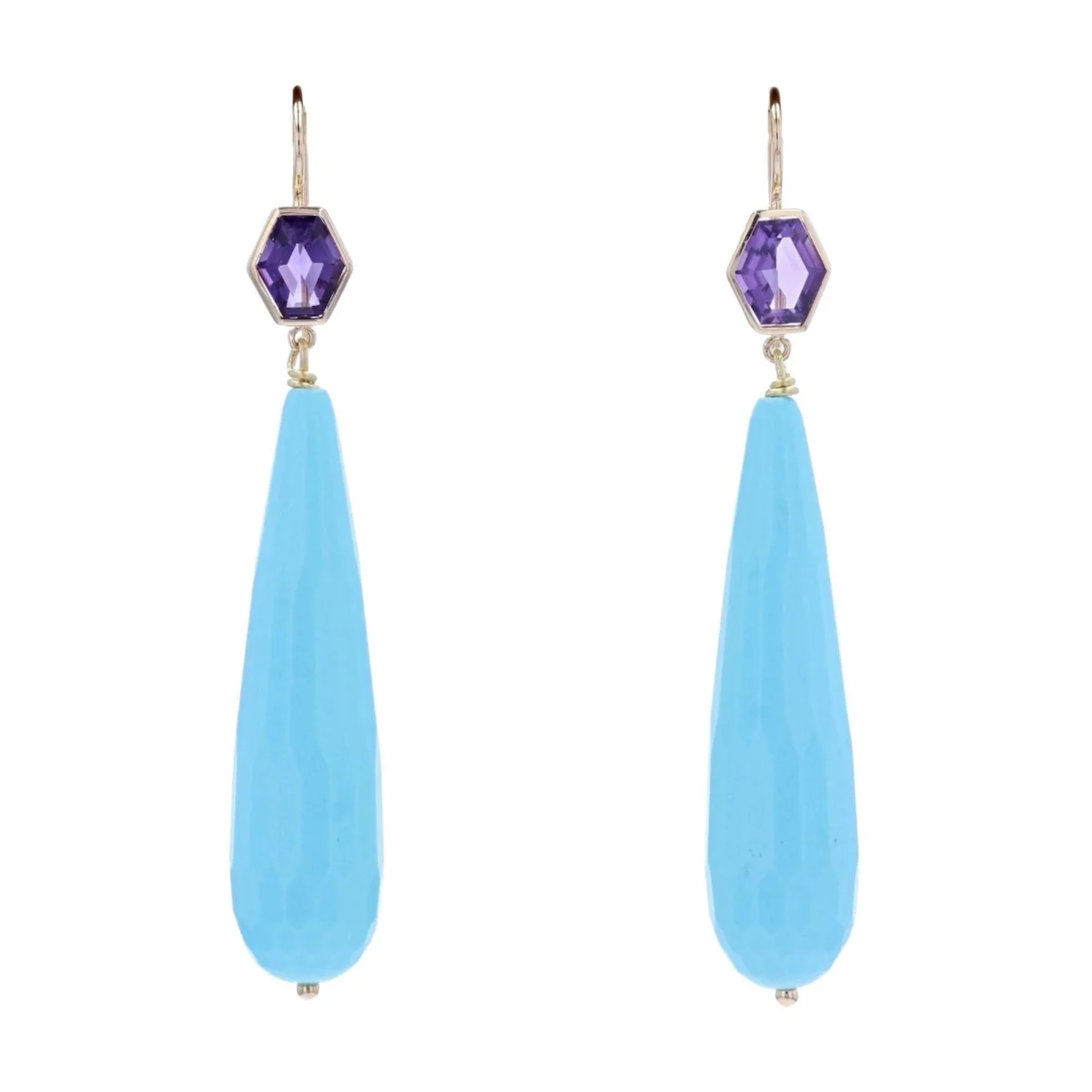 Yellow Gold Dangle Earrings with Amethyst and Turquoise