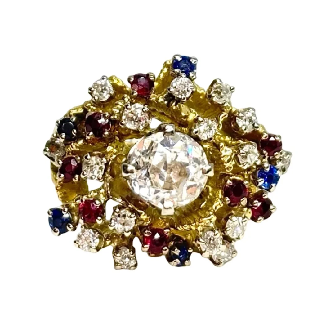 Antique yellow gold ring with rubies, sapphires, and diamonds