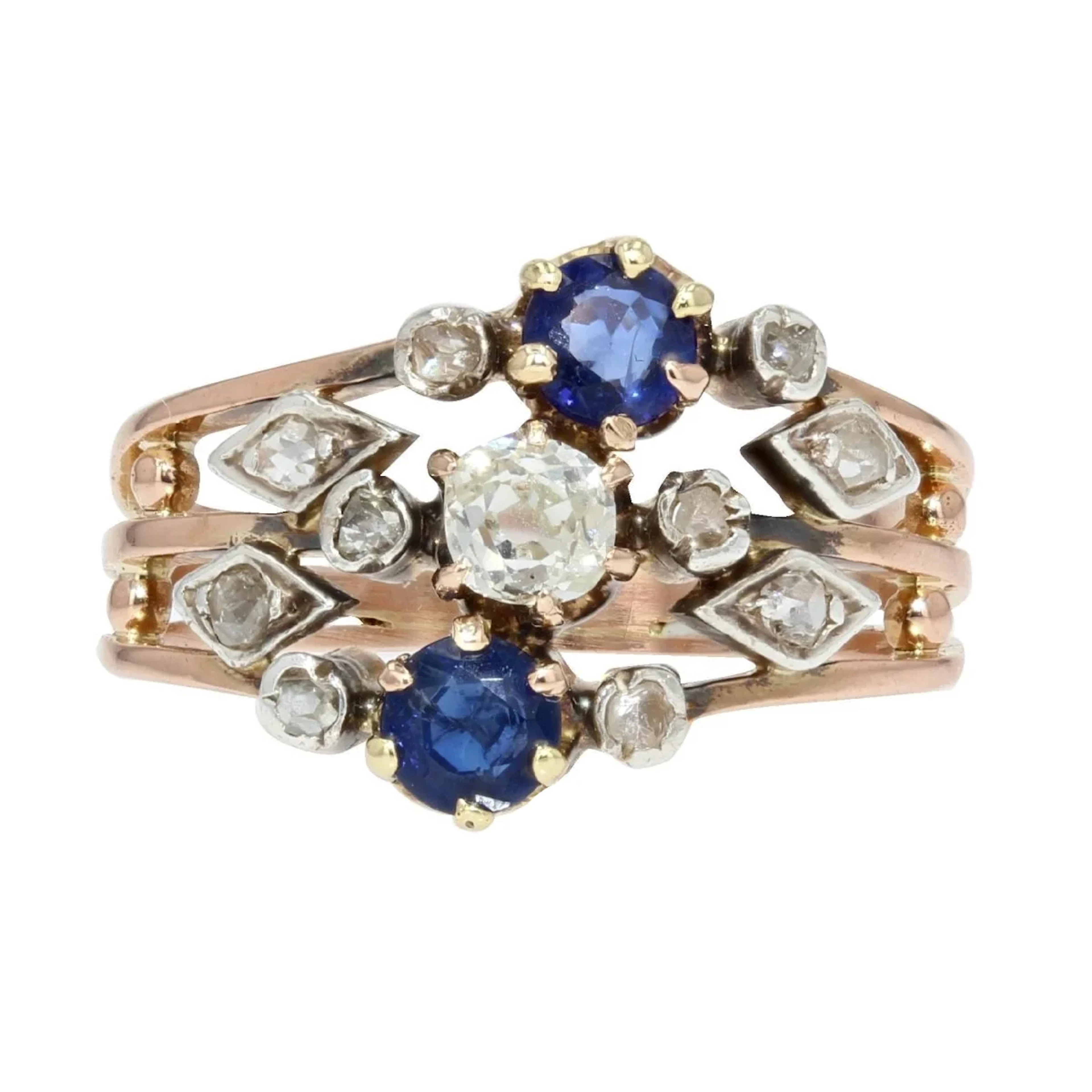 Cocktail ring in rose gold, sapphires and diamonds