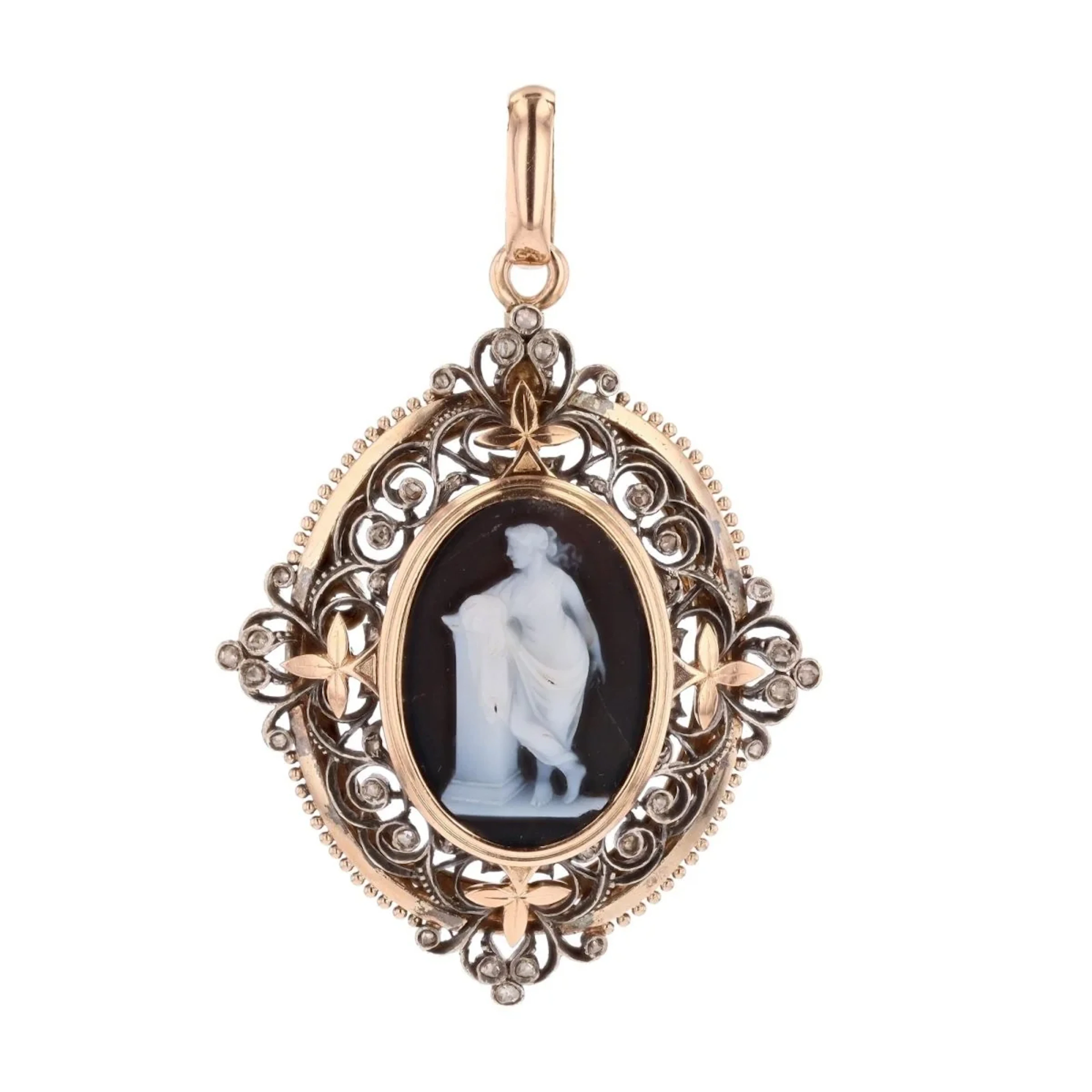 Cameo brooch pendant in rose gold and silver with diamonds