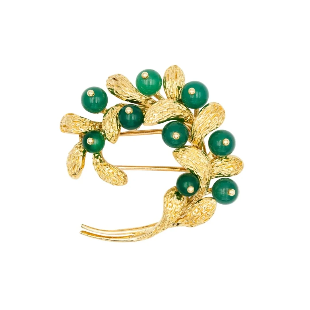 VAN CLEEF & ARPELS "Mistletoe" Yellow Gold and Chrysoprase Double-Pin Brooch