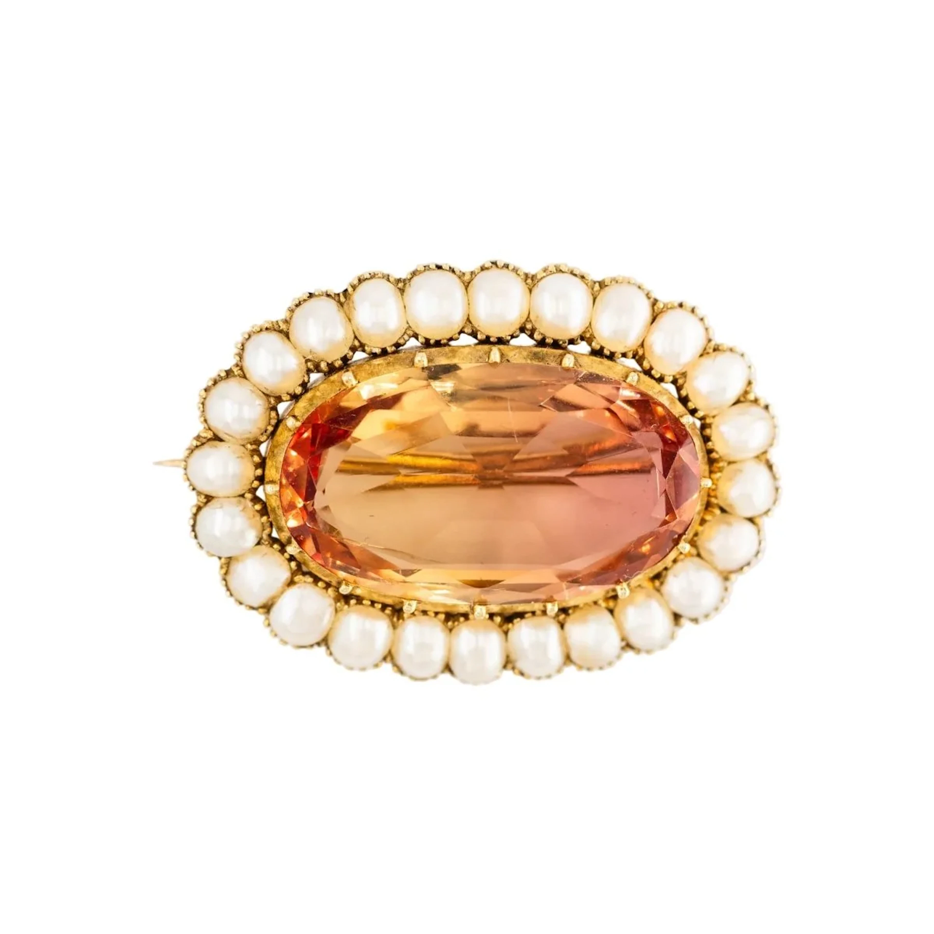 Yellow Gold Brooch with Topaz and Pearls