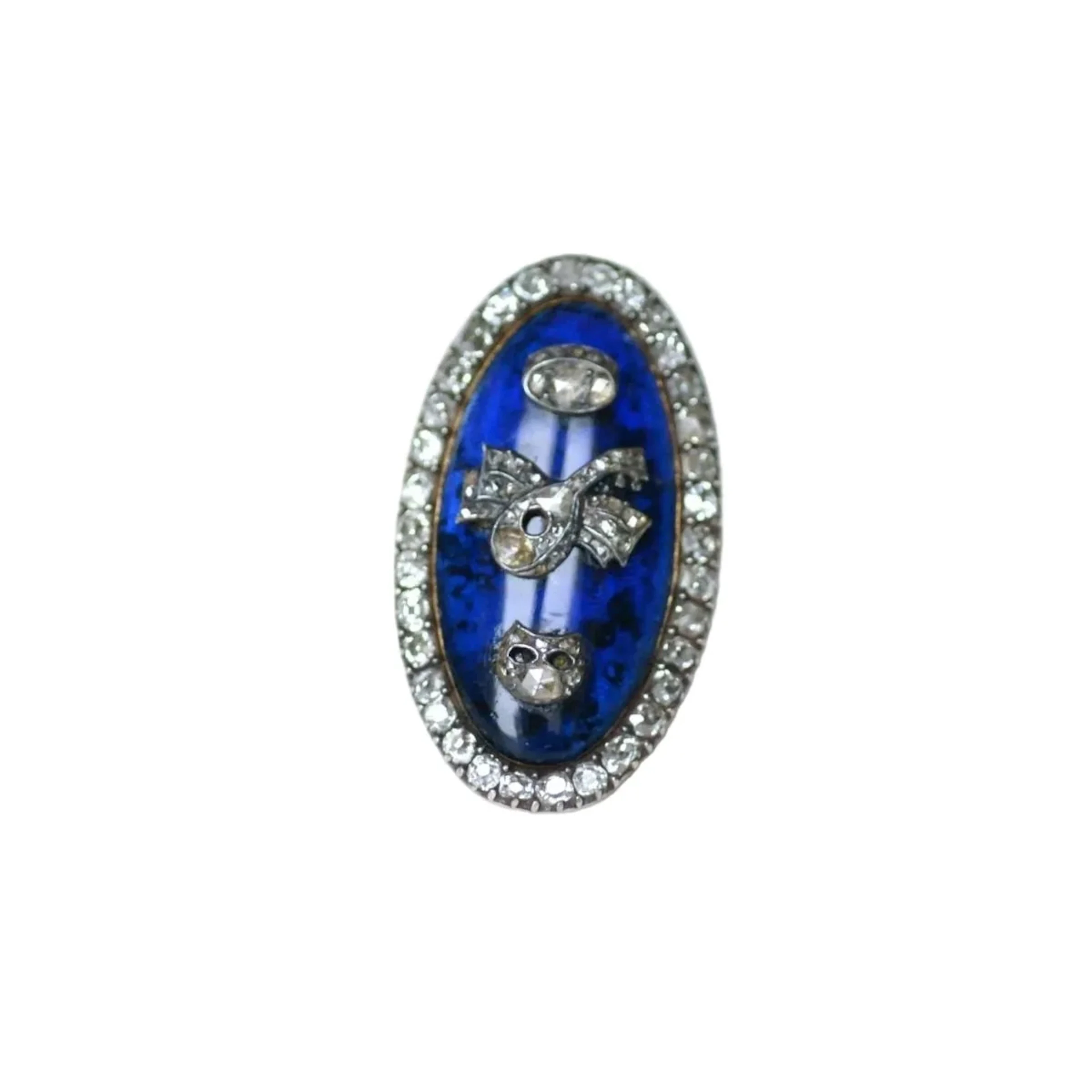 Ring shuttle in rose gold and silver with diamonds and blue enamel