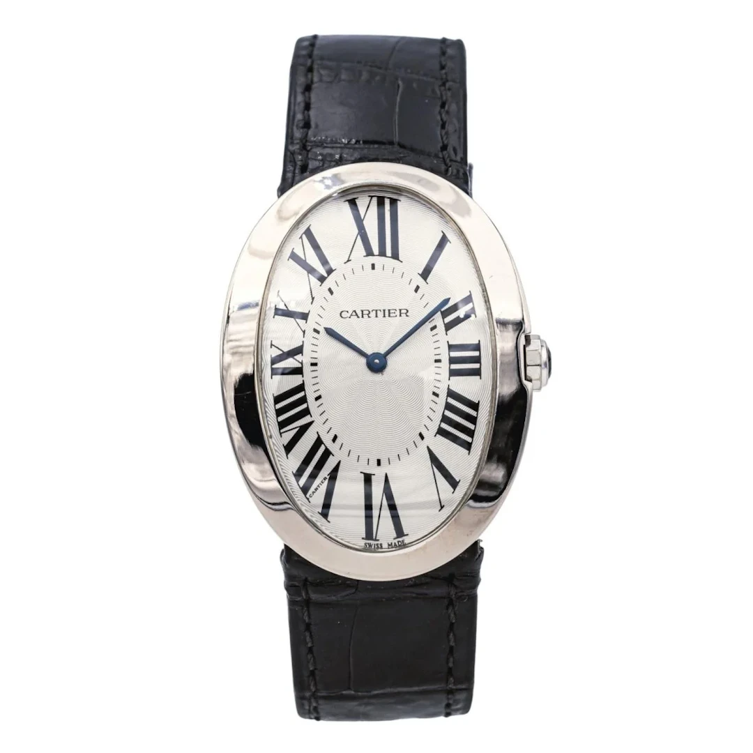 CARTIER “Baignoire XL” watch in white gold, sapphire, and leather