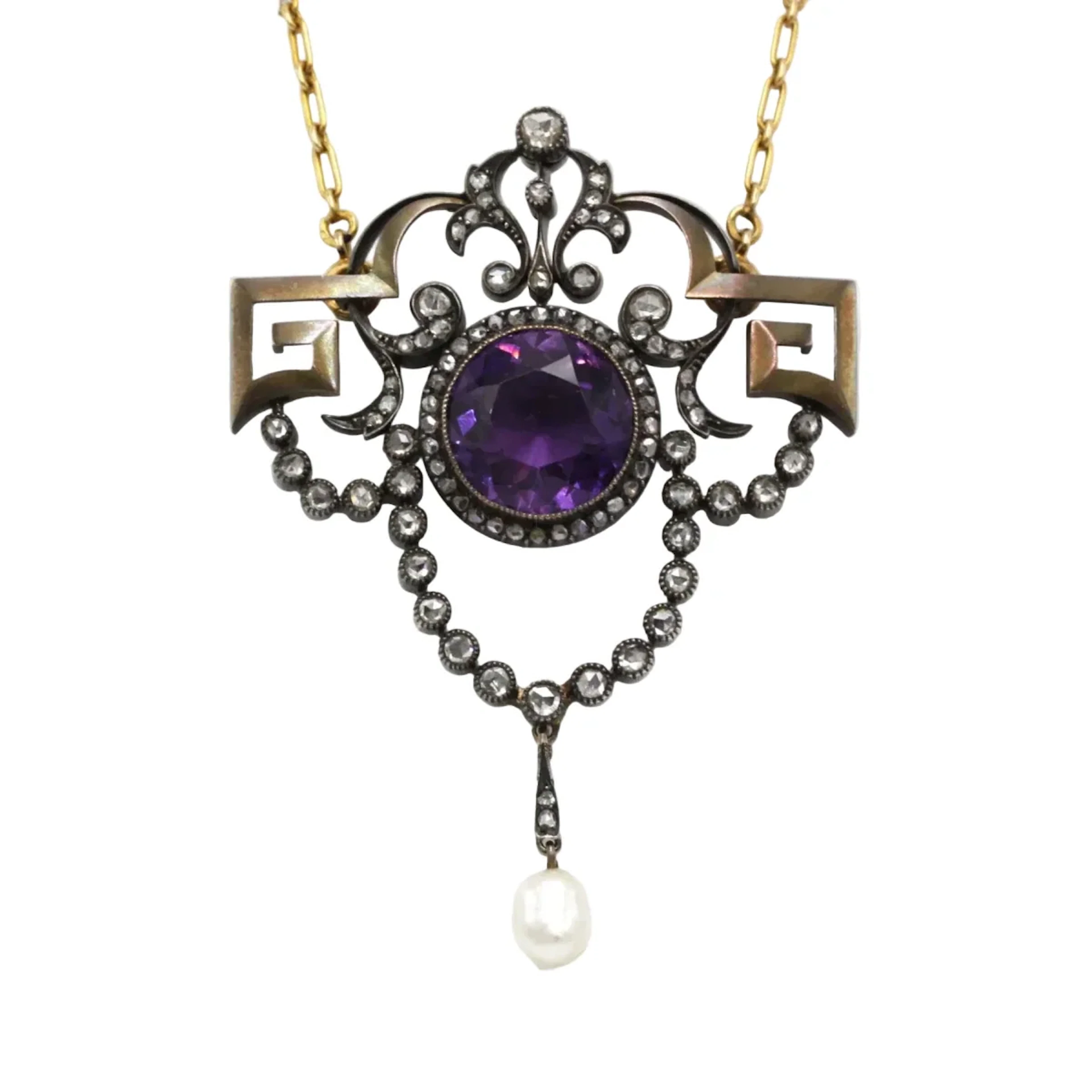 Necklace with a pendant made of yellow gold, silver, Amethyst, pearl