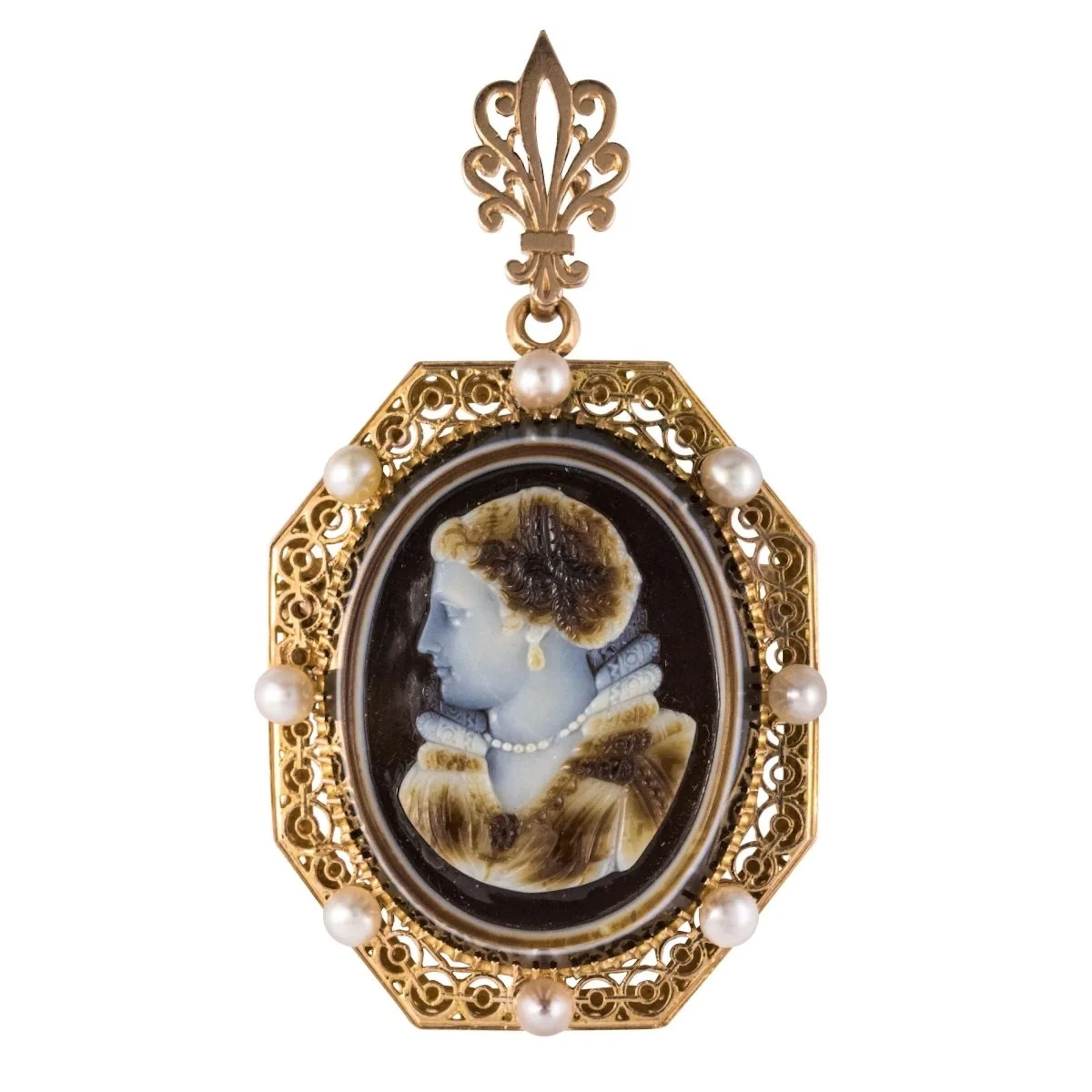 Pendant in yellow gold, agate and pearls