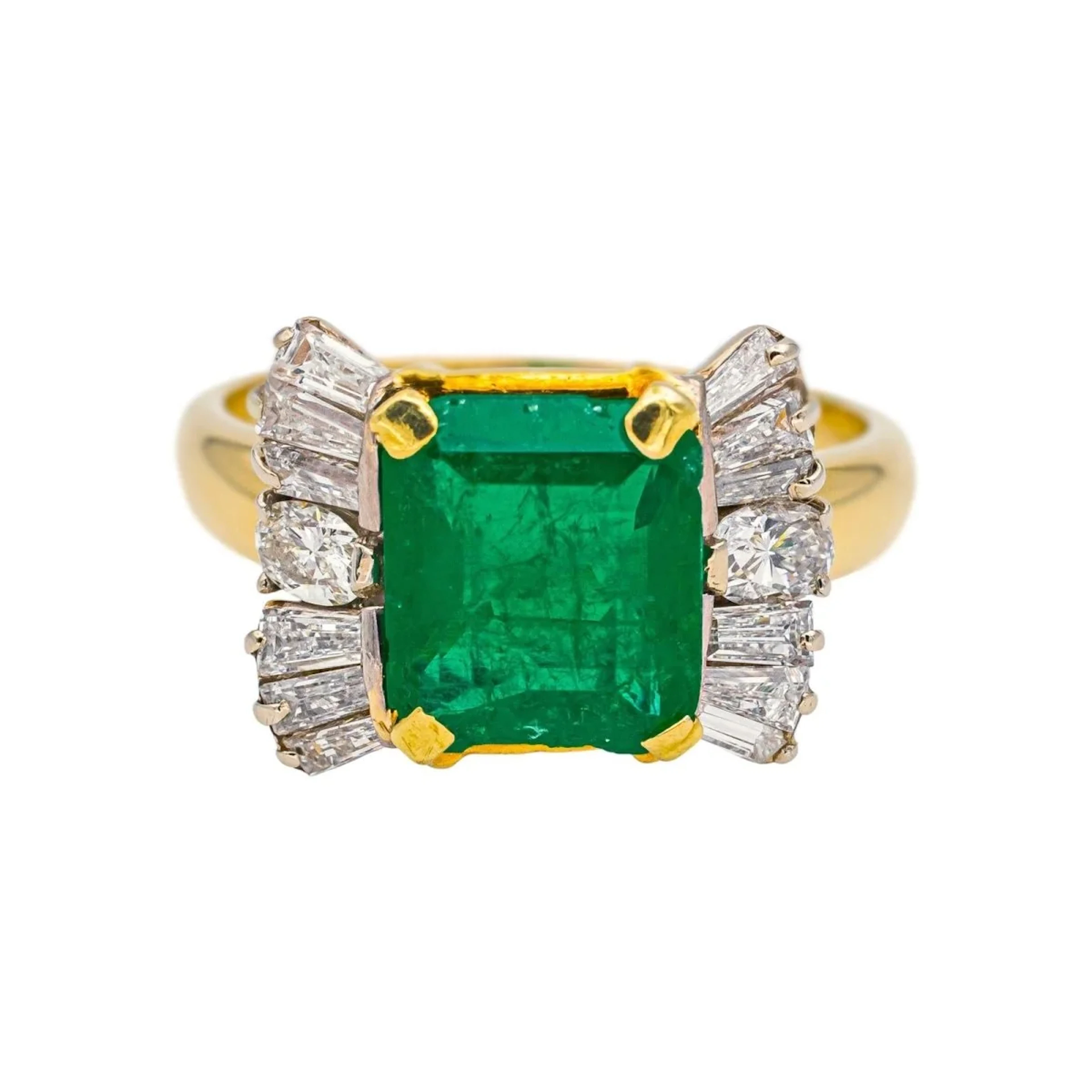 Trilogy Ring in Yellow Gold, White Gold, Emerald and Diamonds