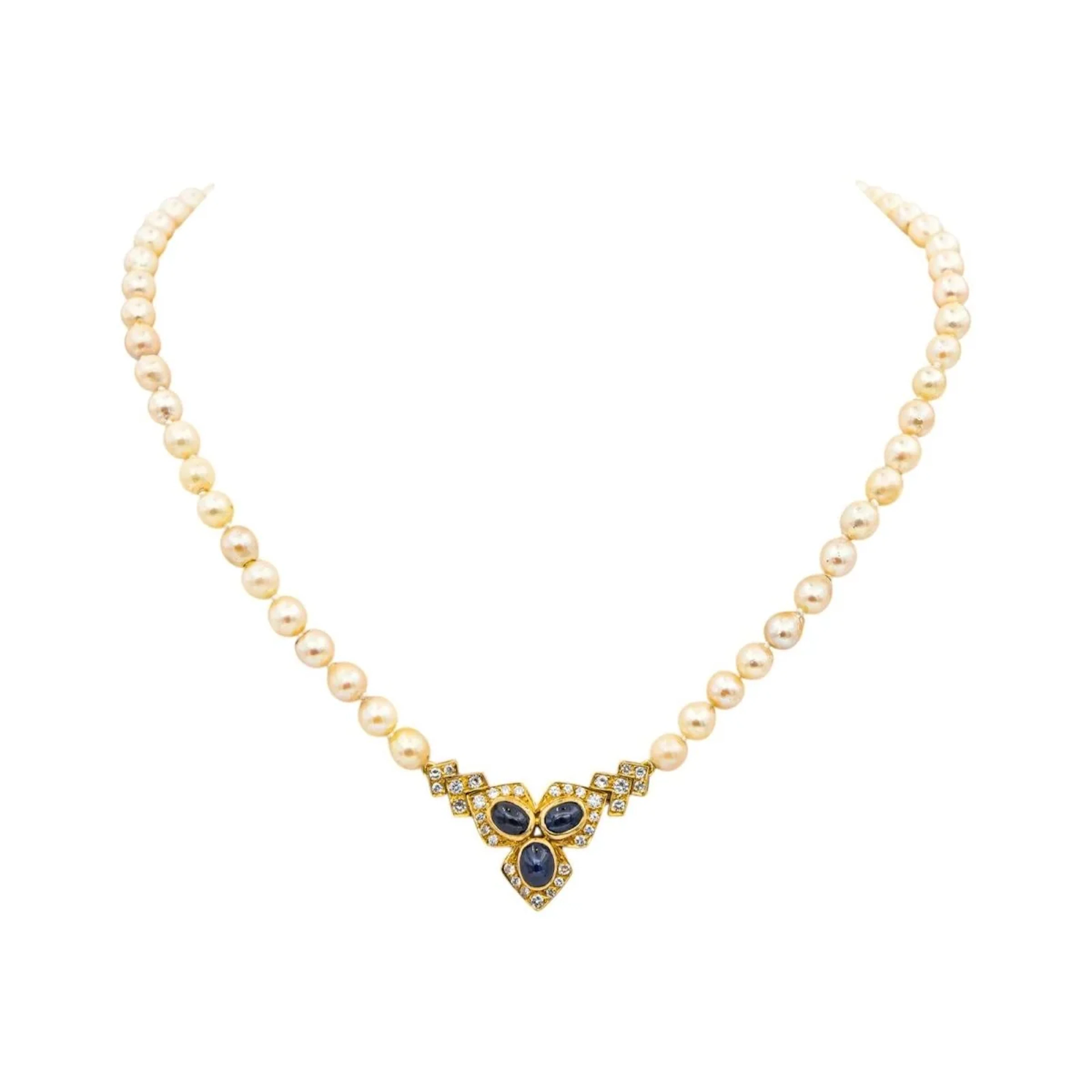 Collier Perles en or jaune, saphirs et diamants