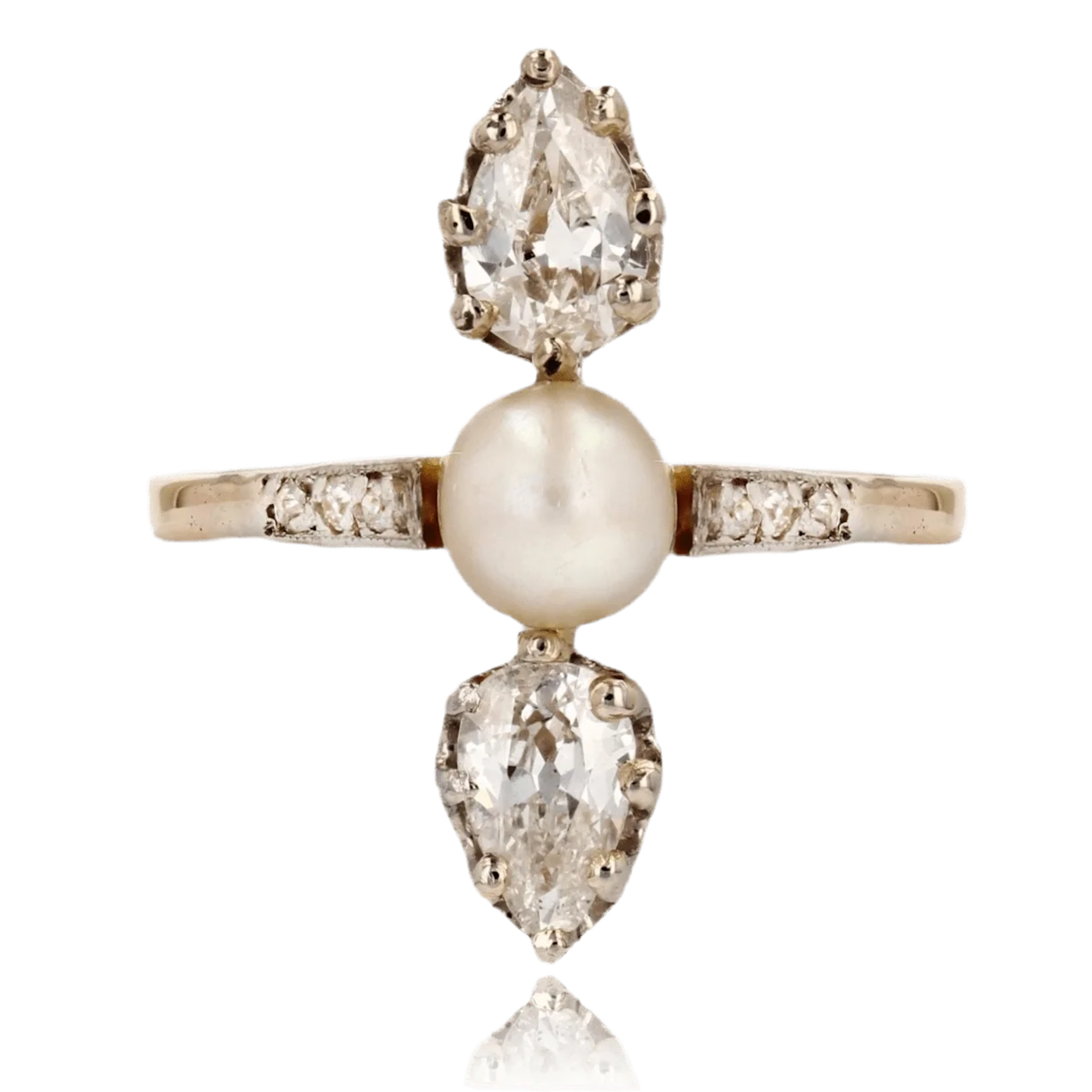 Trilogy ring in yellow gold, platinum, pearl and diamonds