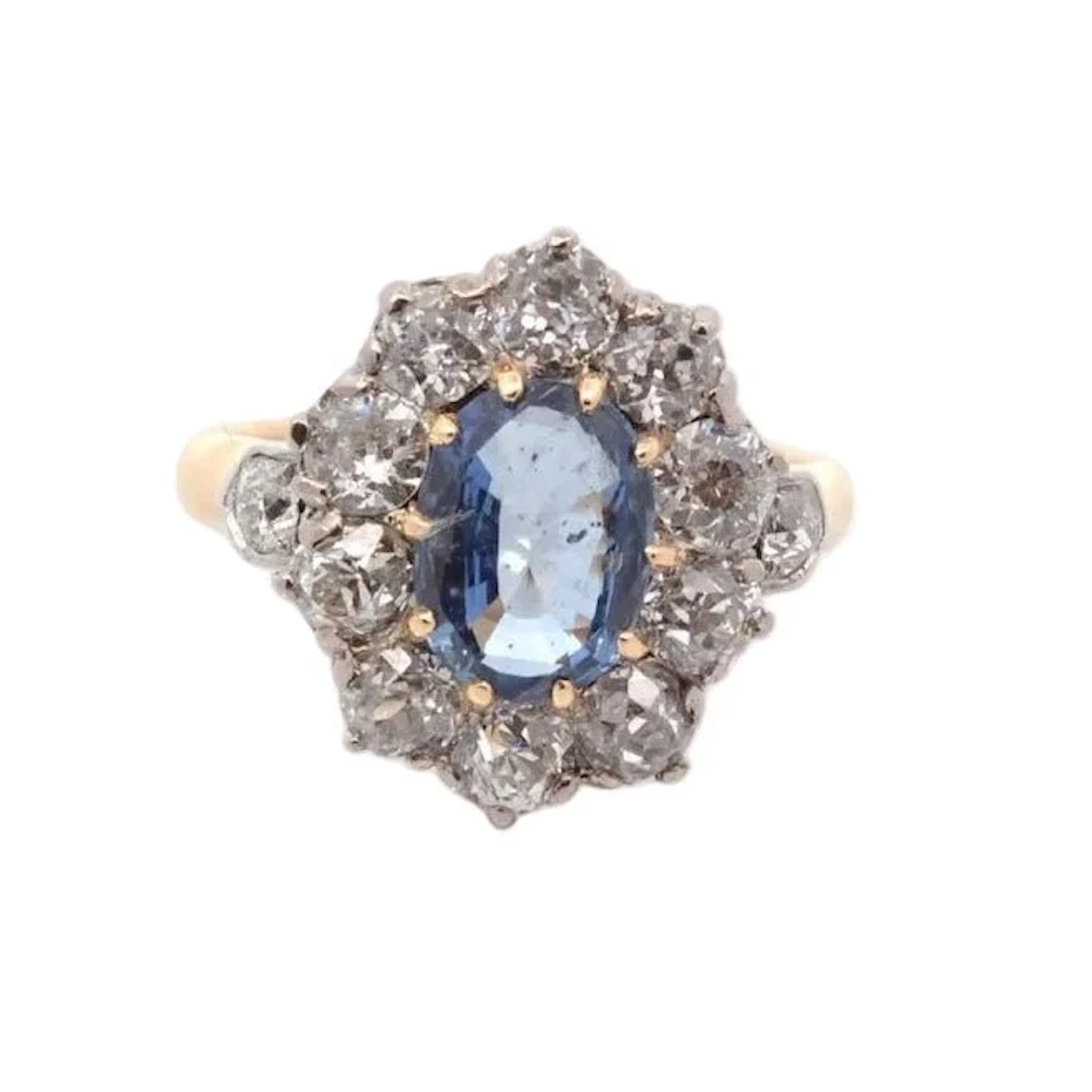 Pompadour Ring in yellow gold, platinum, sapphire, and diamonds