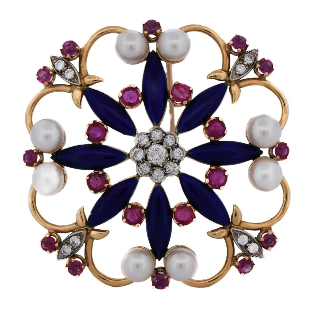 Brooch Pin in yellow gold, enamel, pearls, rubies and diamonds