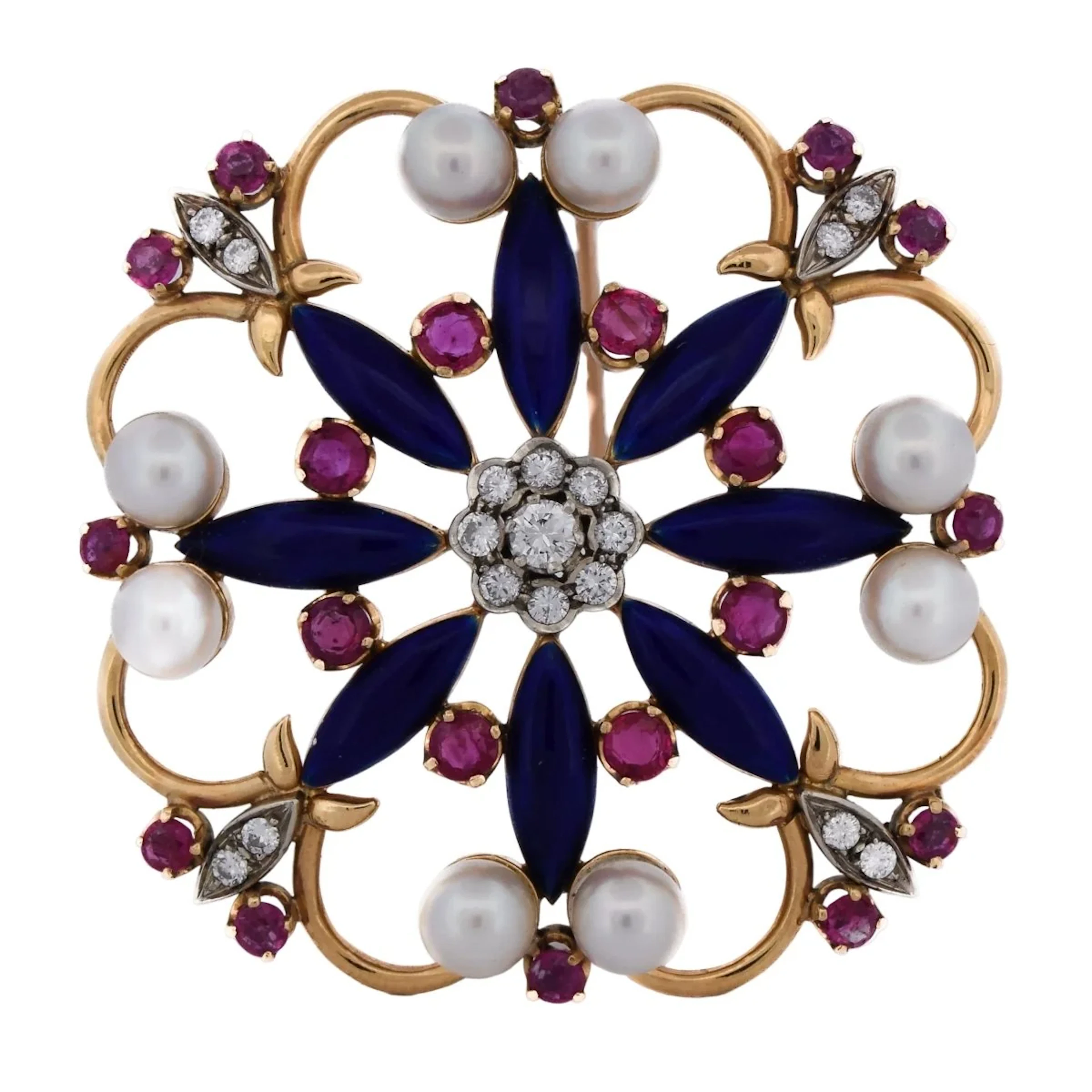 Brooch Pin in yellow gold, enamel, pearls, rubies and diamonds