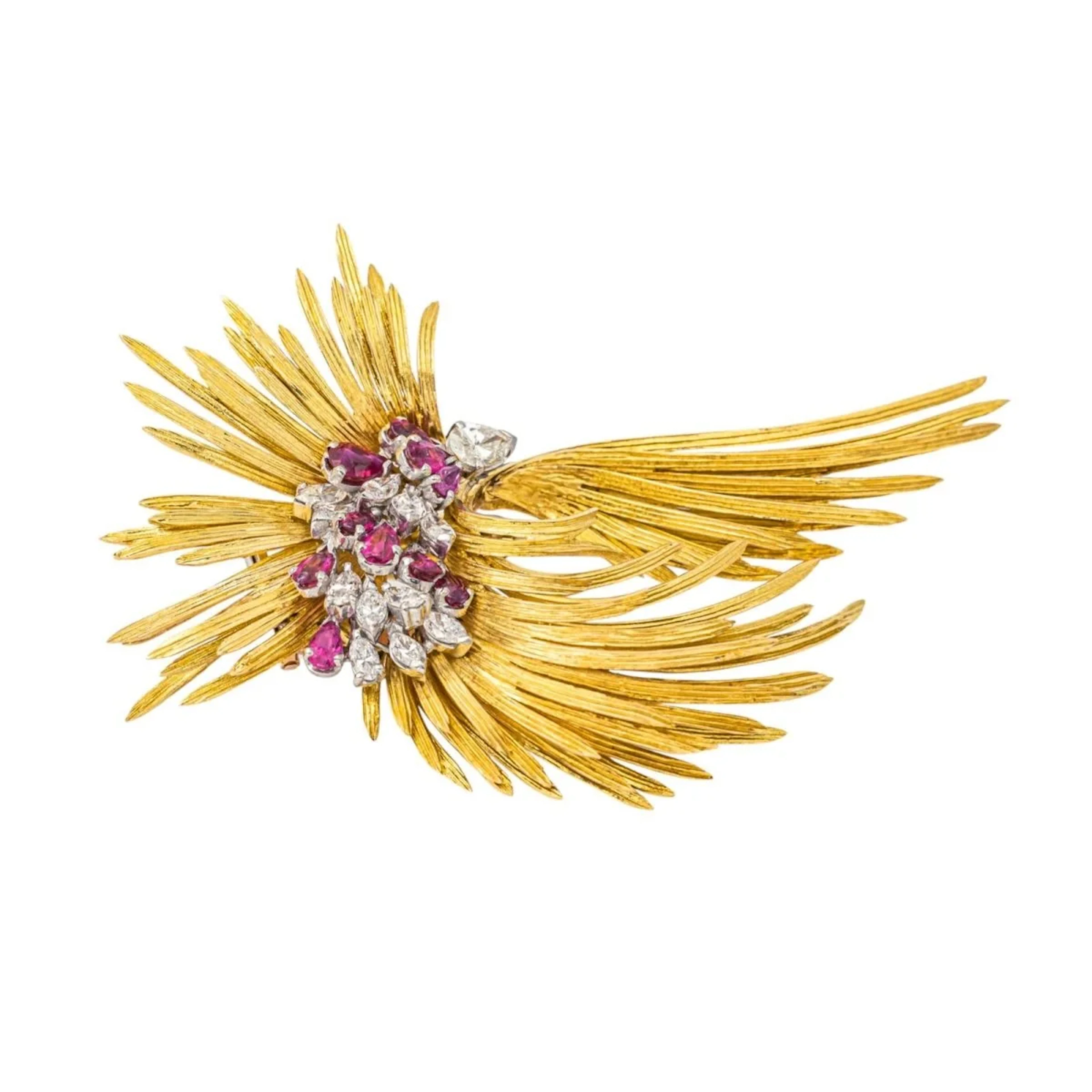 Brooch Pin in yellow gold, white, rose gold, rybis and diamonds