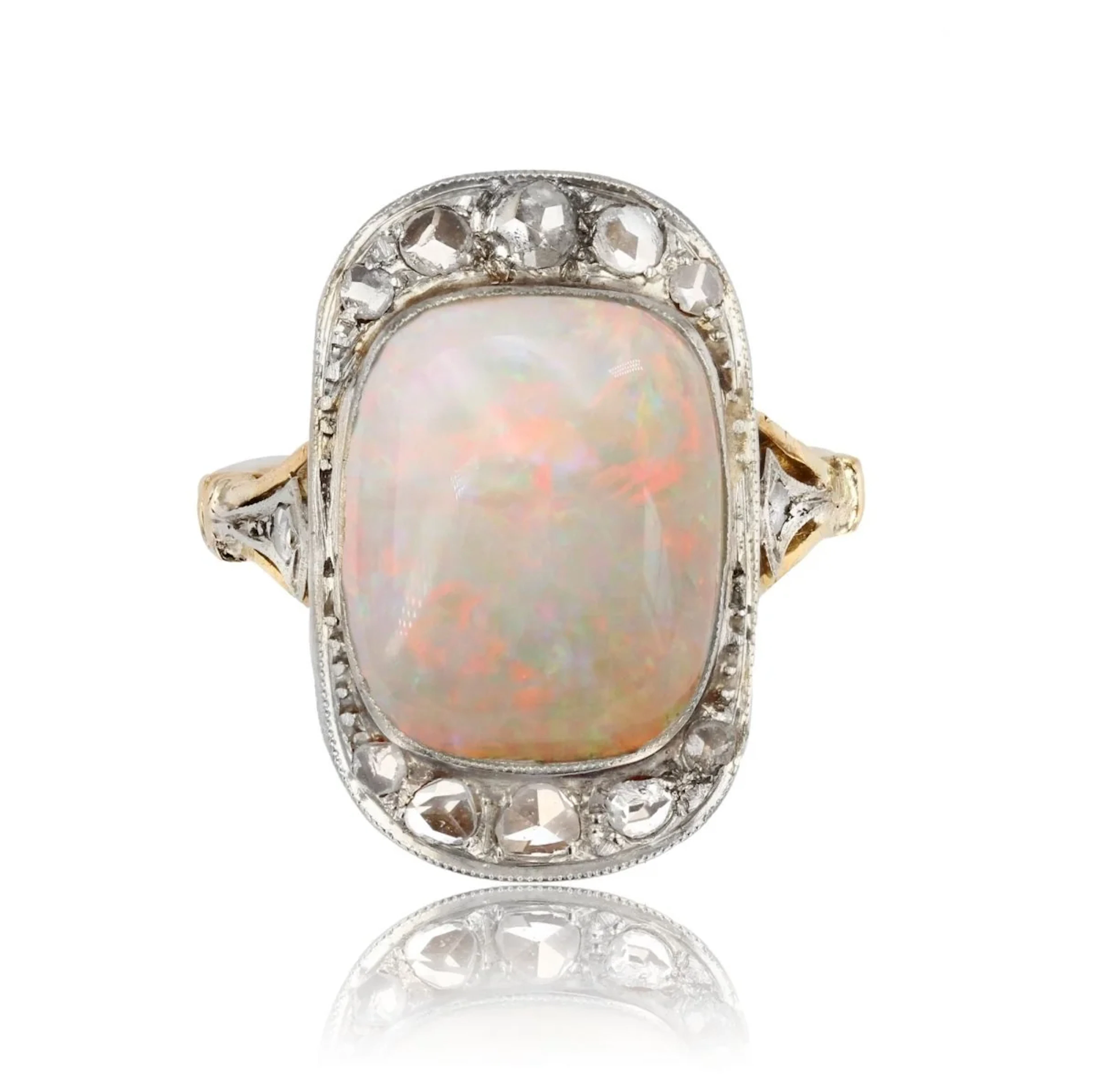 Entourage ring in yellow gold, platinum, opal and diamonds
