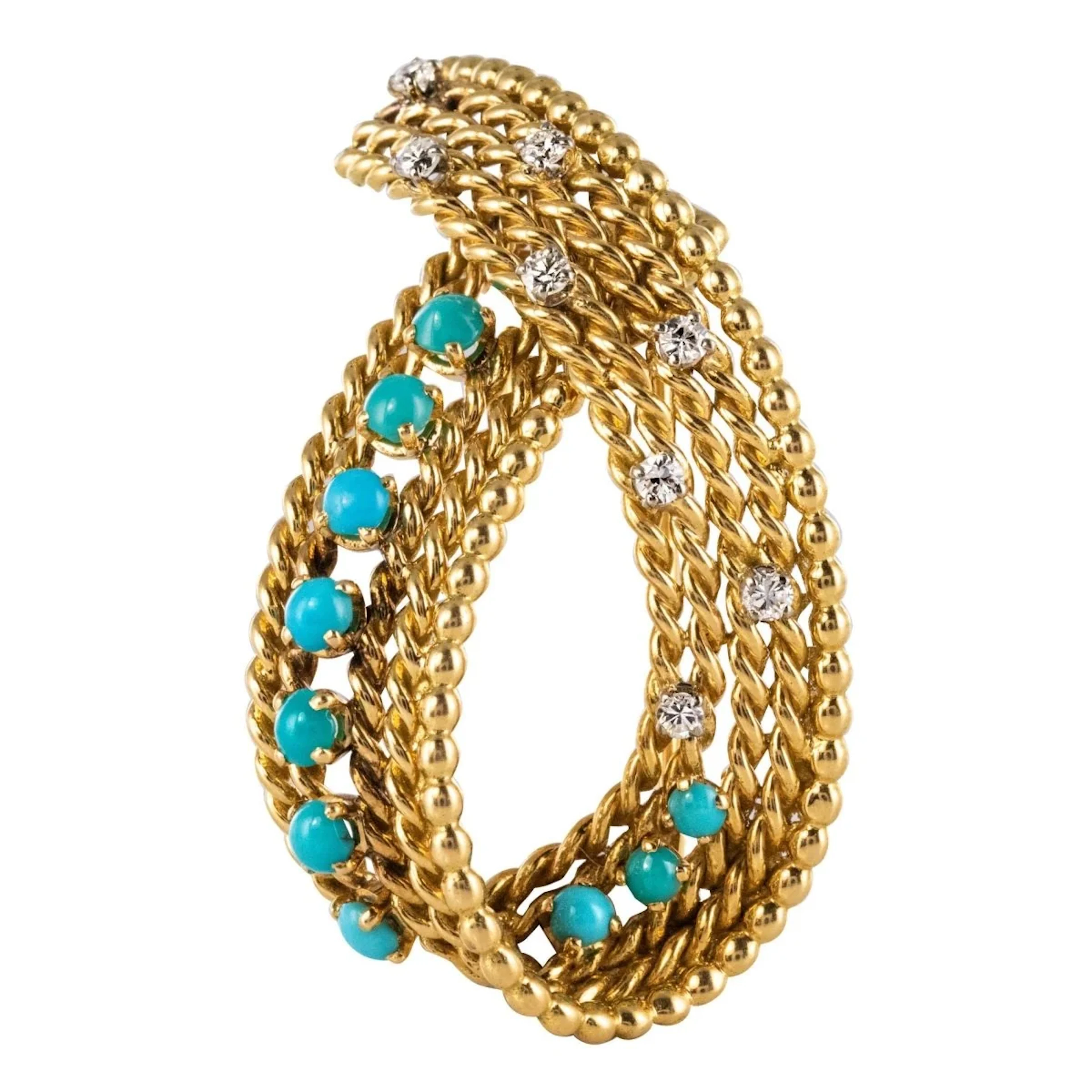 Gold brooch pin with turquoise and diamonds