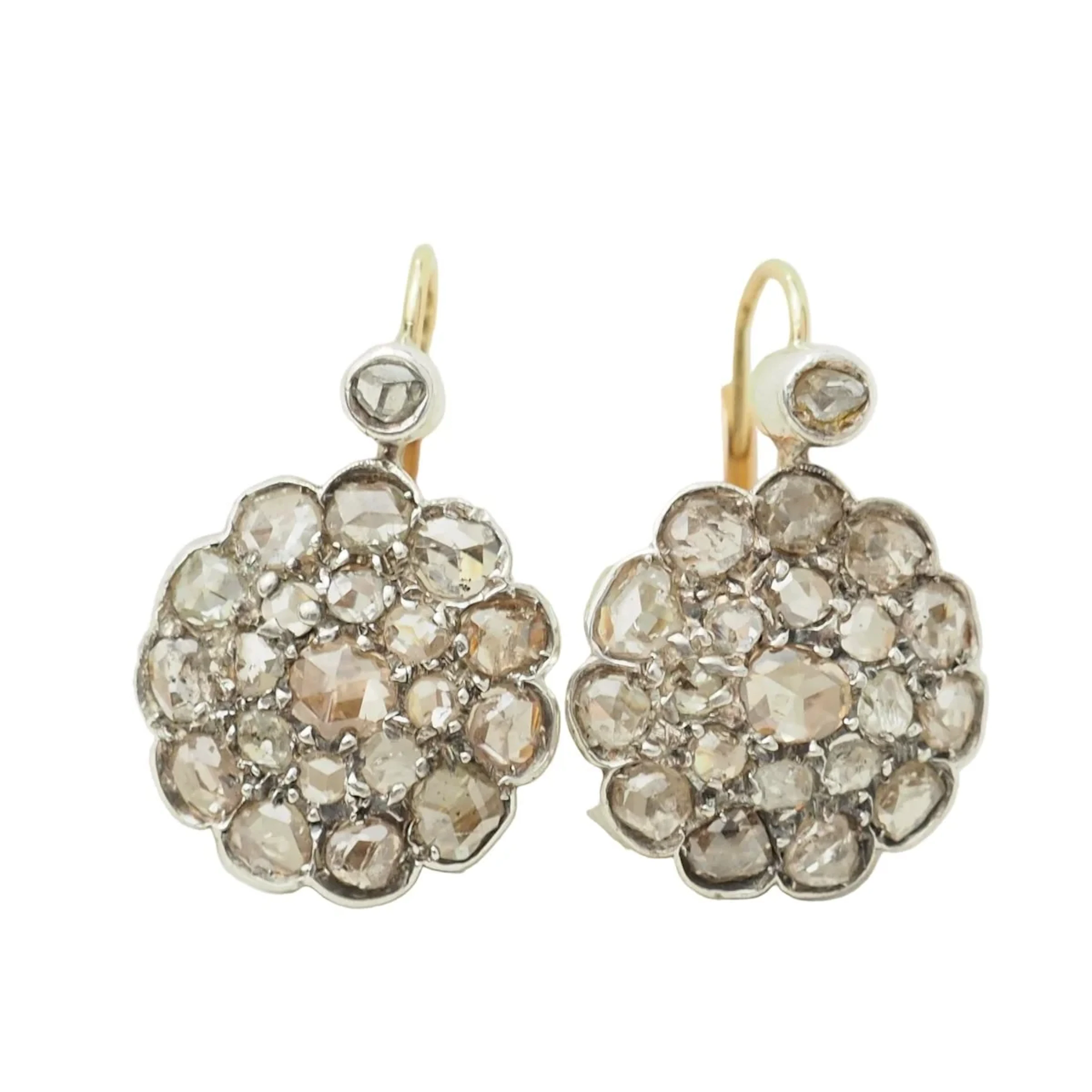 Lever-back earrings in yellow gold, silver, and diamonds