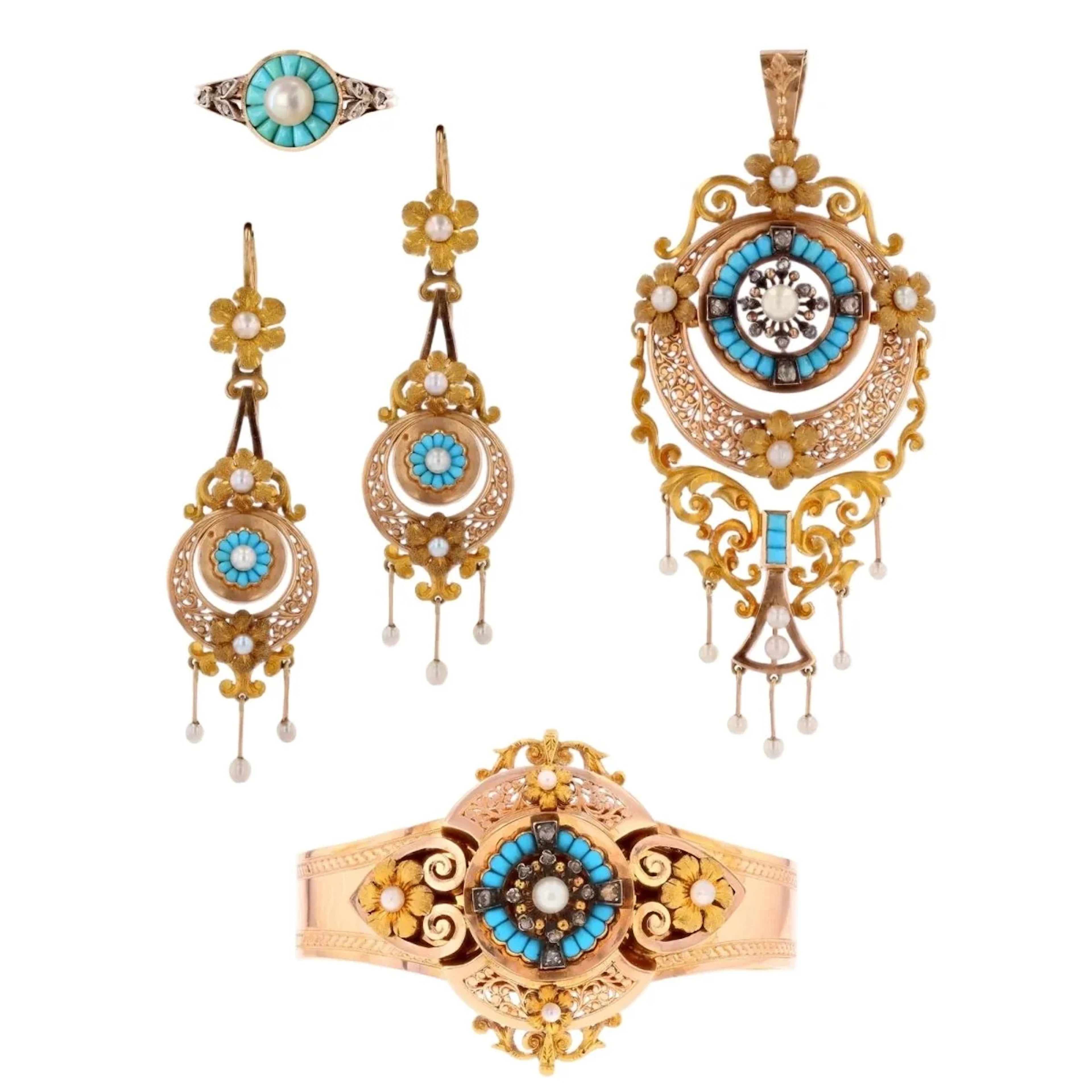 Set in rose gold, pearls, turquoise and diamonds.