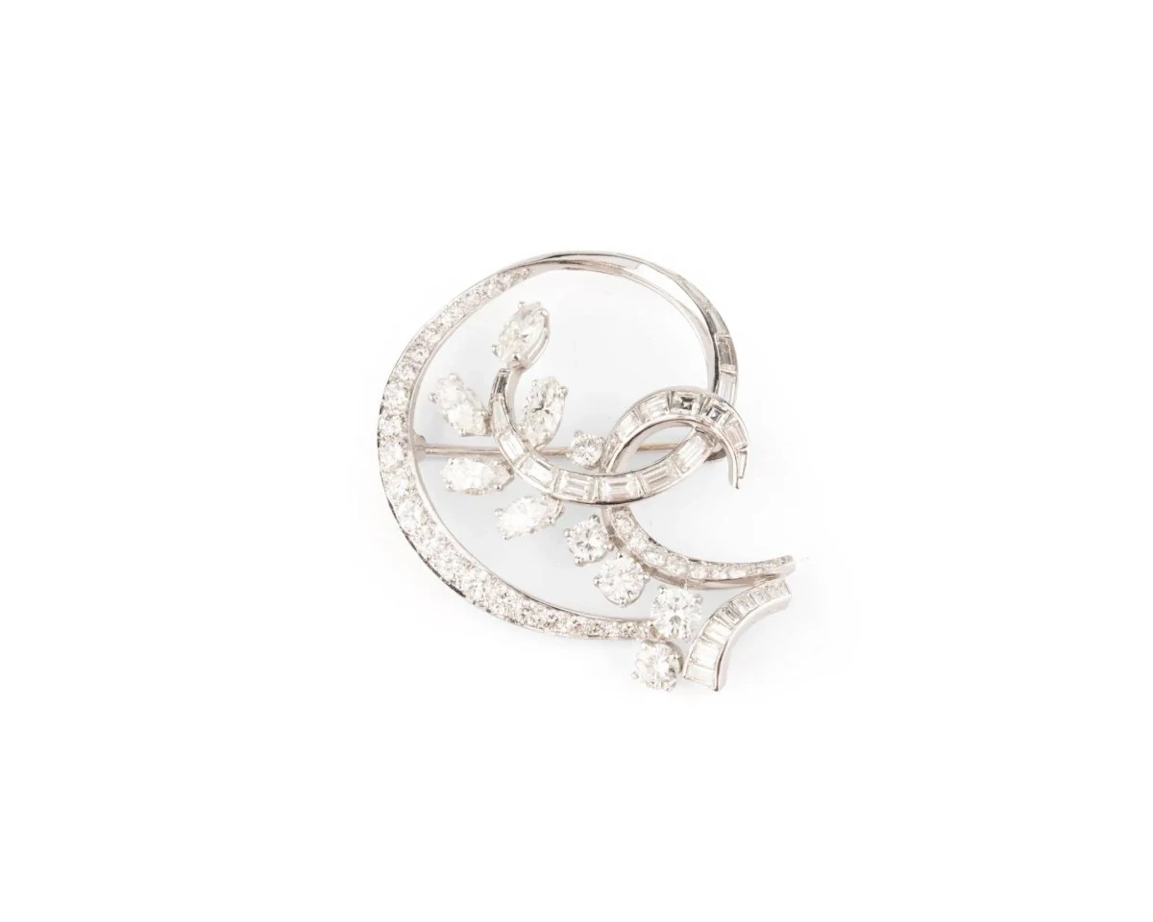 Floral clip brooch in platinum, set with baguette, marquise and brilliant-cut