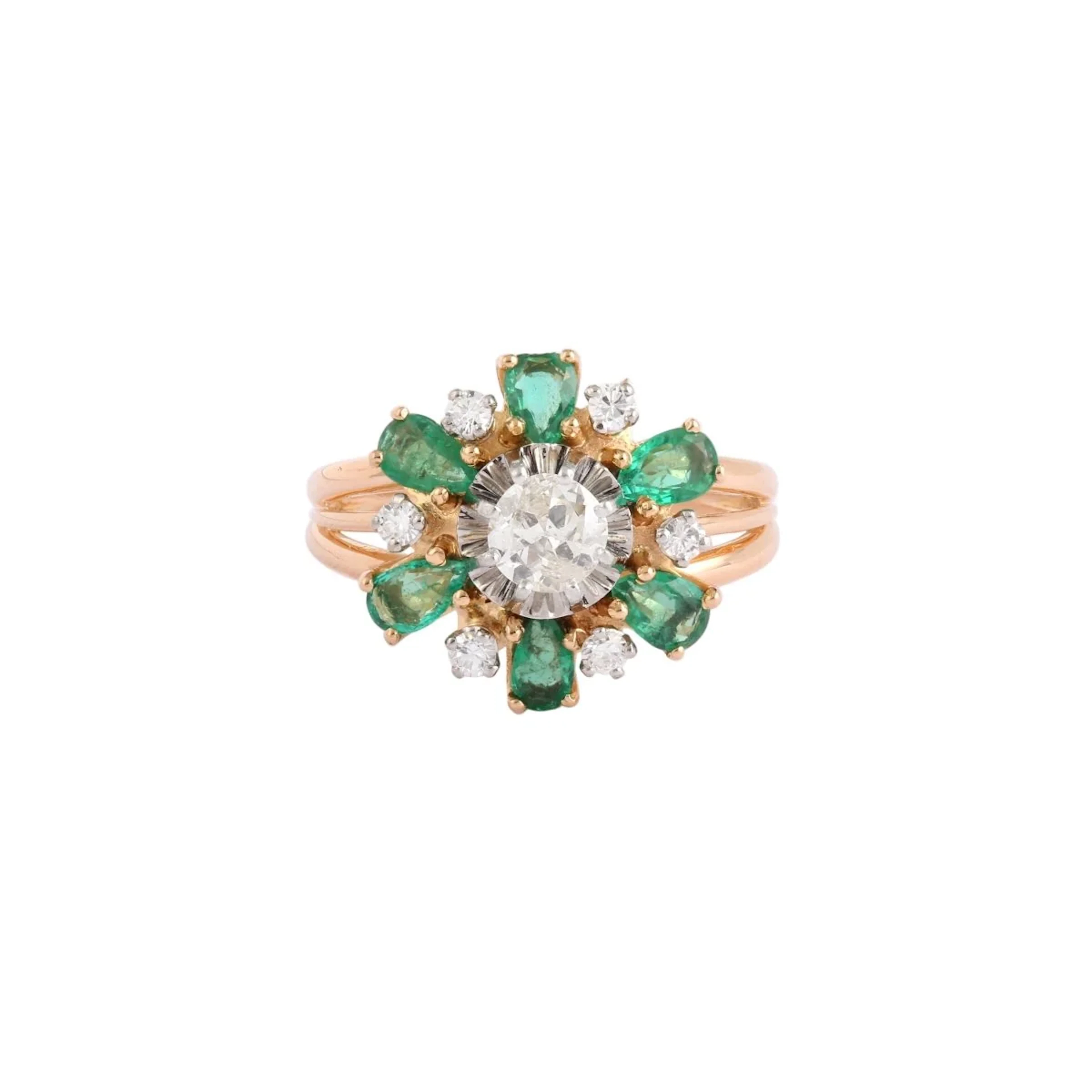 Daisy Ring with Emeralds, Diamonds, and 18K Yellow Gold