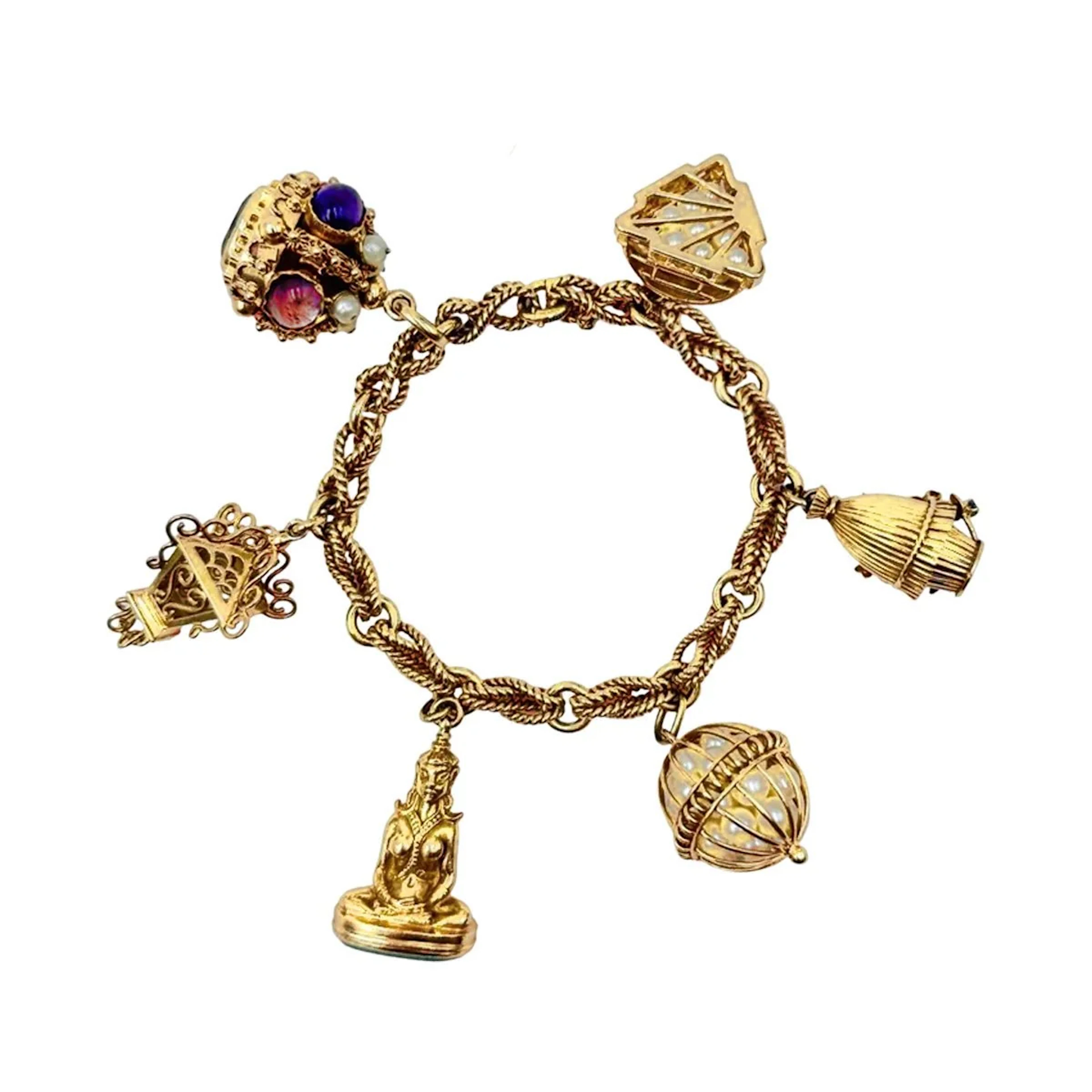 Yellow Gold Link Bracelet with Charms, Pearls, Amethyst, Amazonite
