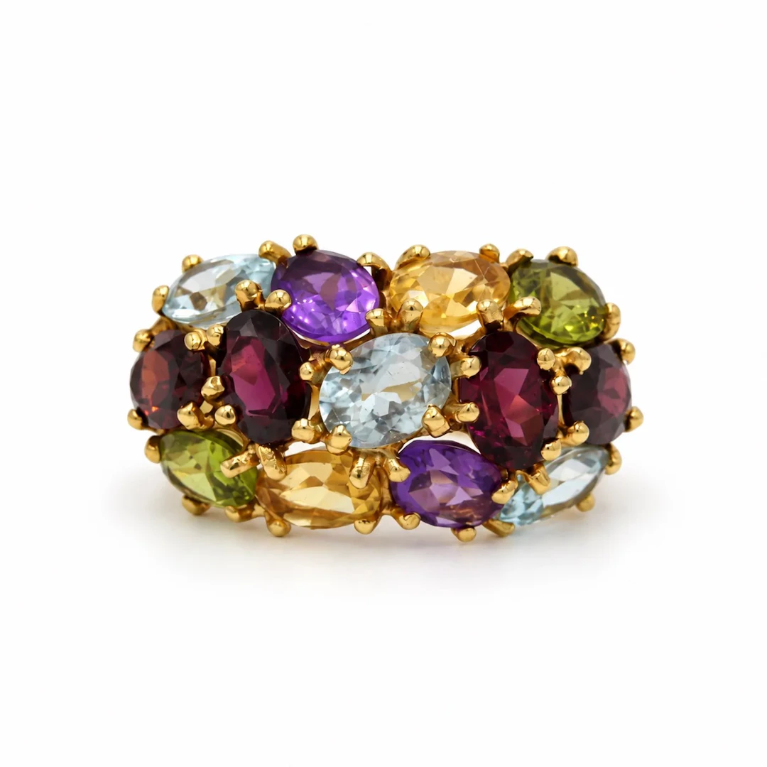 Bague Cocktail en or jaune, aigue-marine, grenats, améthystes, péridots
