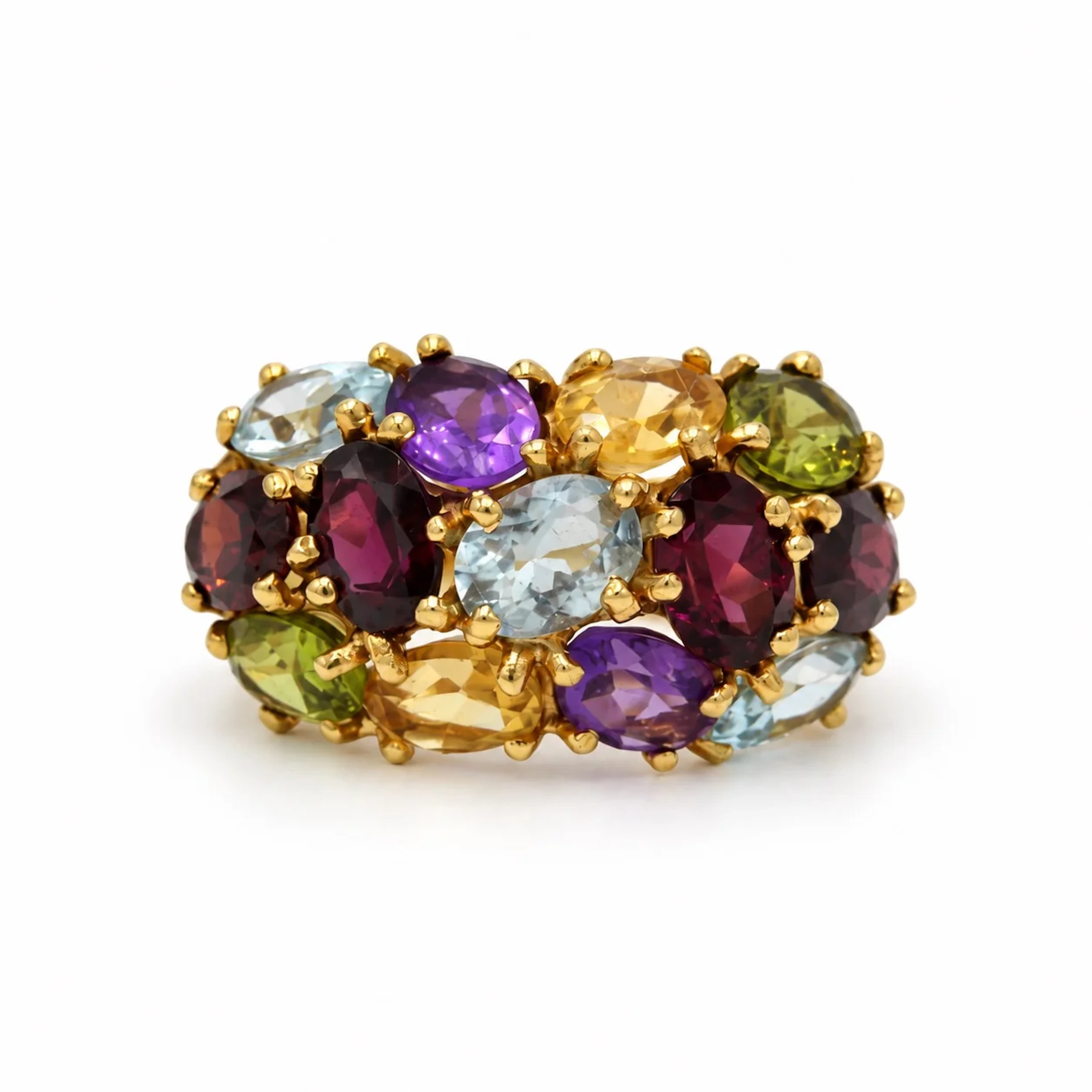 Bague Cocktail en or jaune, aigue-marine, grenats, améthystes, péridots