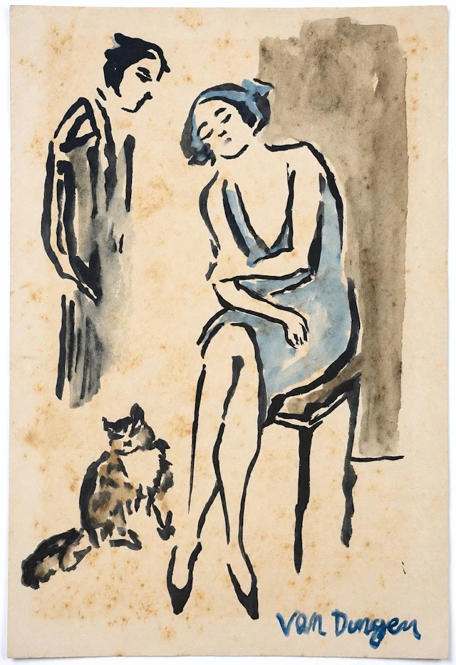 Kees van Dongen (1877-1968) Interior Scene with Figures and a Cat
