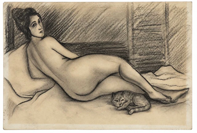 Unknown Artist, Reclining Nude with a Cat