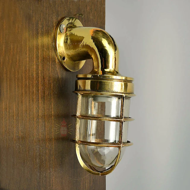 Handcrafted Brass Nautical Swan Neck Wall Light with Cage