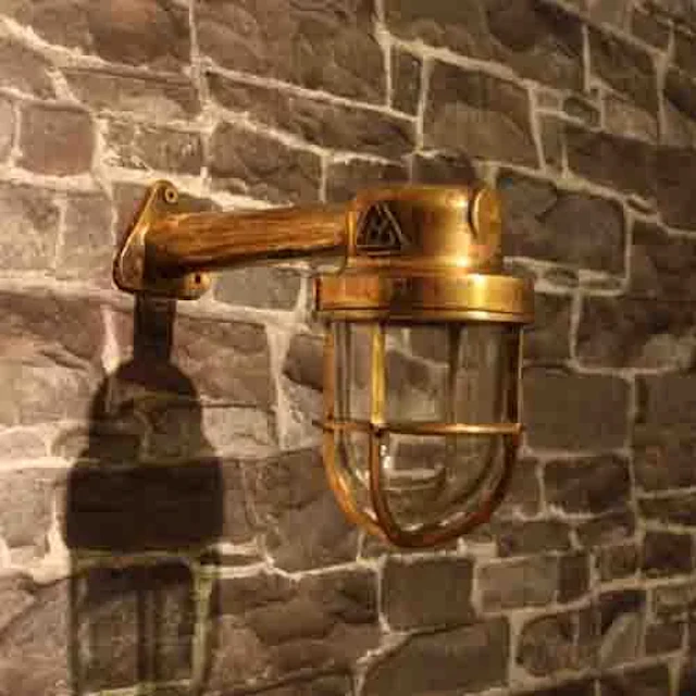 Vintage Brass Bulkhead Wall Light with Wooden Arm