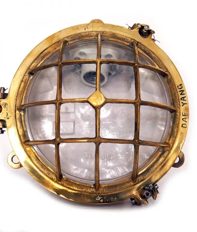 Authentic Dae Yang Brass Turtle Bulkhead Light – Vintage Cargo Ship Salvage
