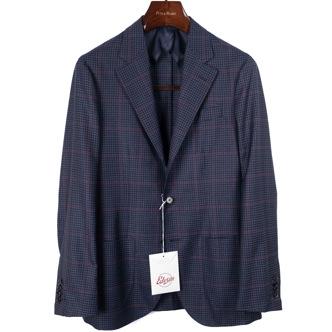 Neapolitan Hand Tailored Navy with red checks Summer Wool Sport Coat Sz 48