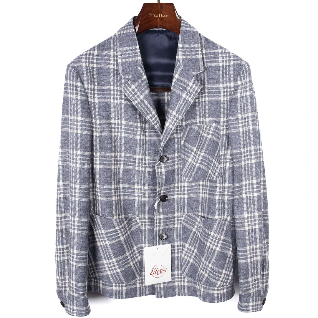 Neapolitan Hand Tailored Blue Checked Utility Jacket Sz 46