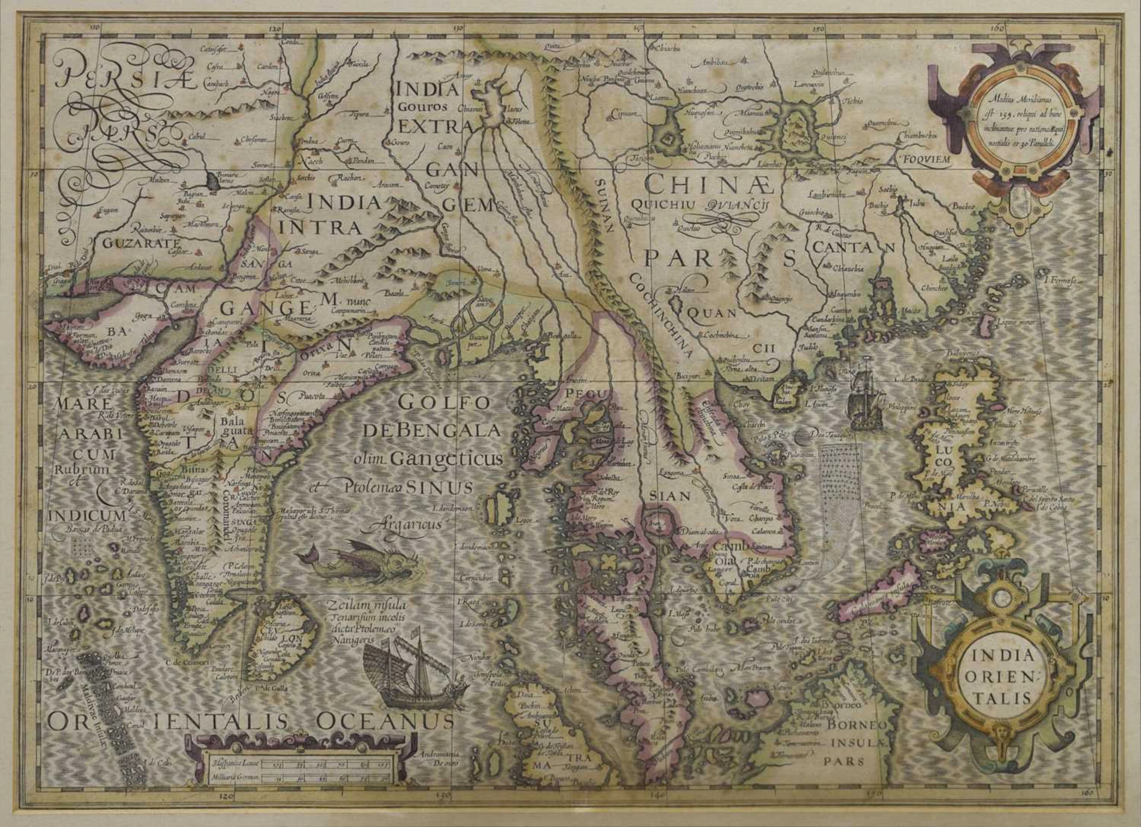 17th century hand coloured map of ‘India Orientalis’