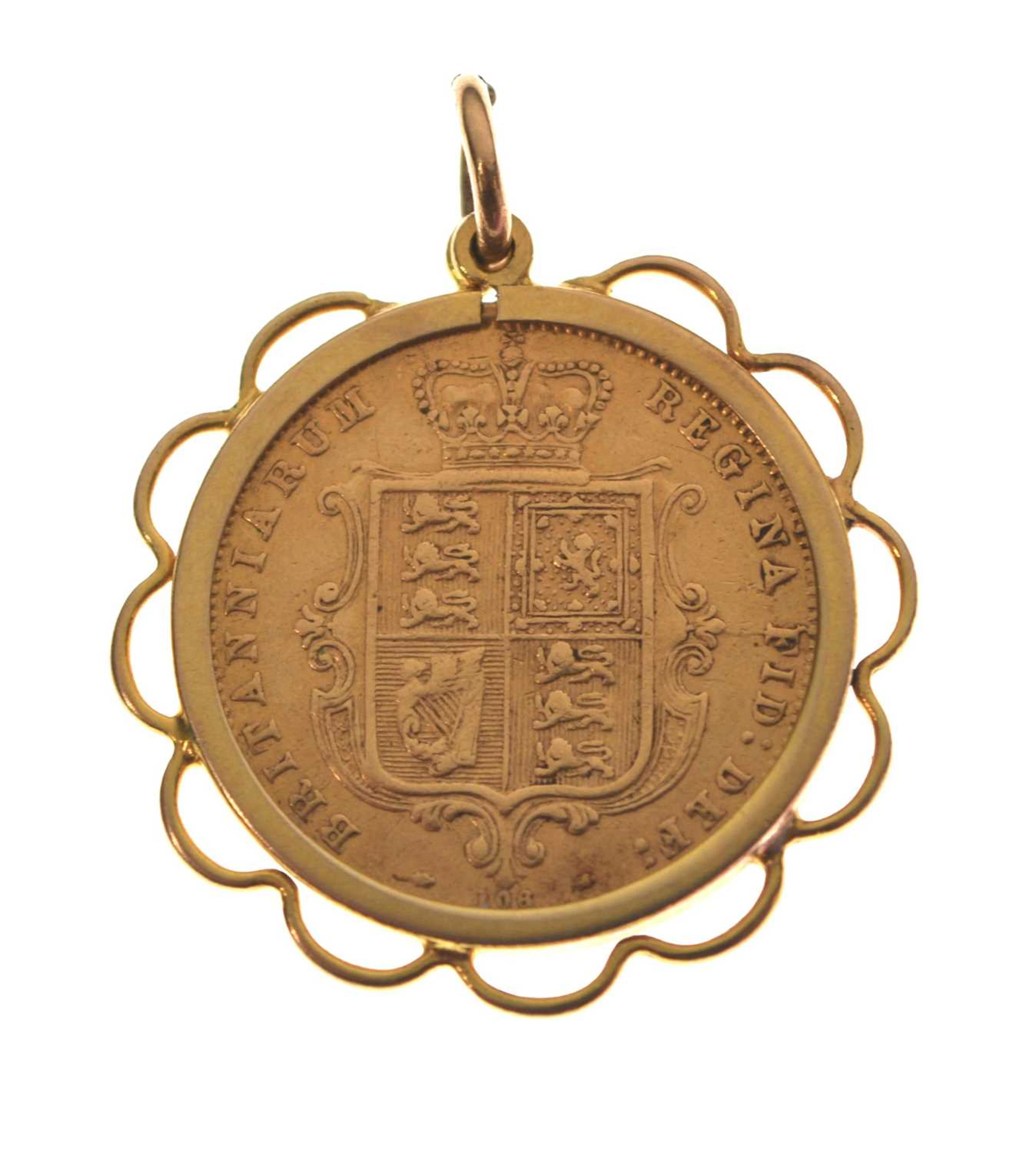 Queen Victoria gold half sovereign, 1872, in a 9ct gold mount