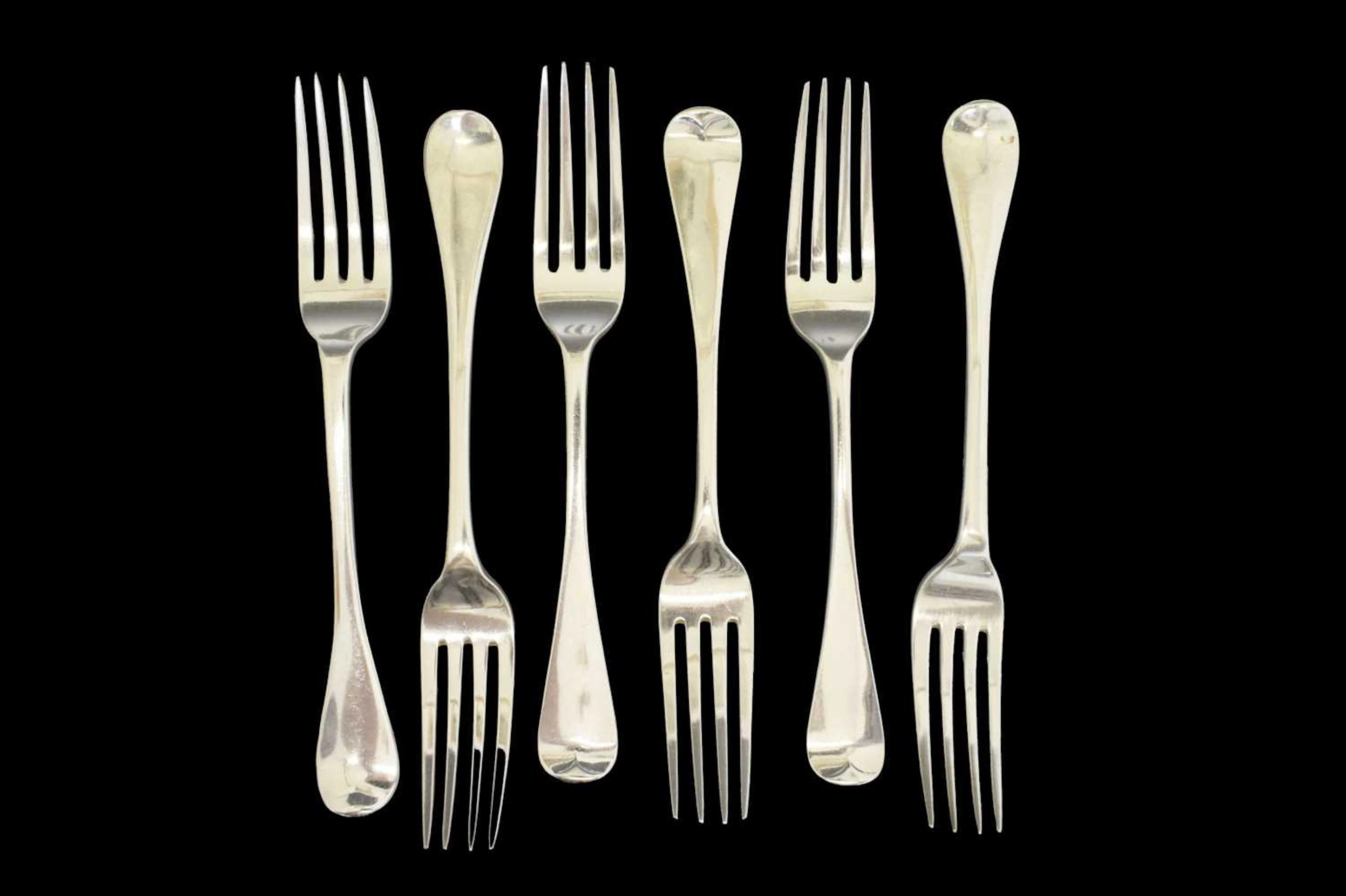 Matched set of six silver Old English pattern table forks