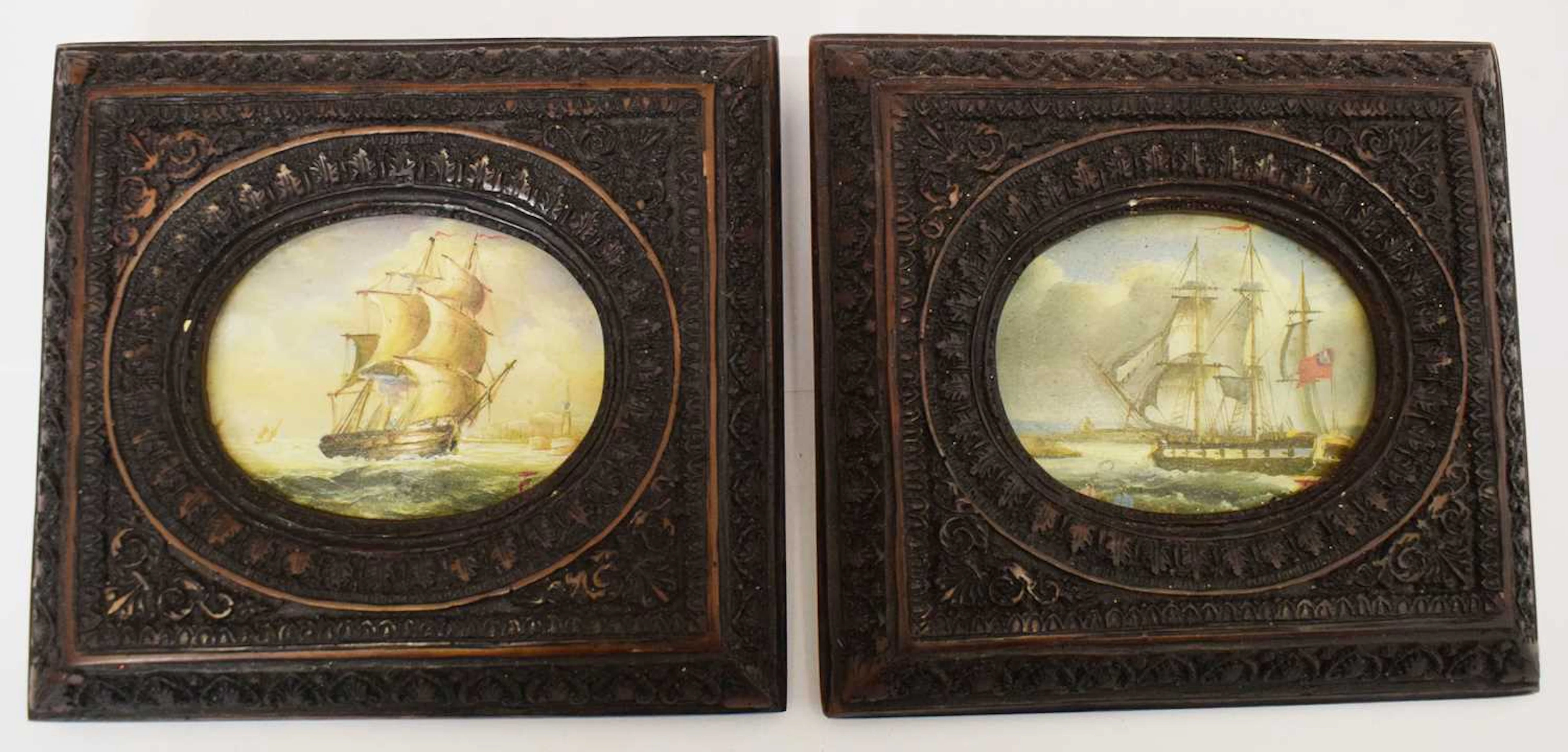 Pair of miniature maritime prints in decorative resin frames