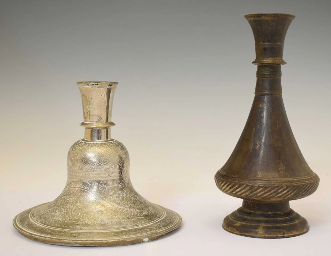 Indian or Middle Eastern huqqa / hookah base and Indian bronze bottle vase