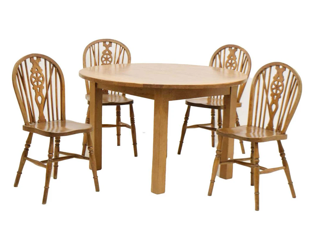 Modern oak circular dining/kitchen table, and four Windsor chairs