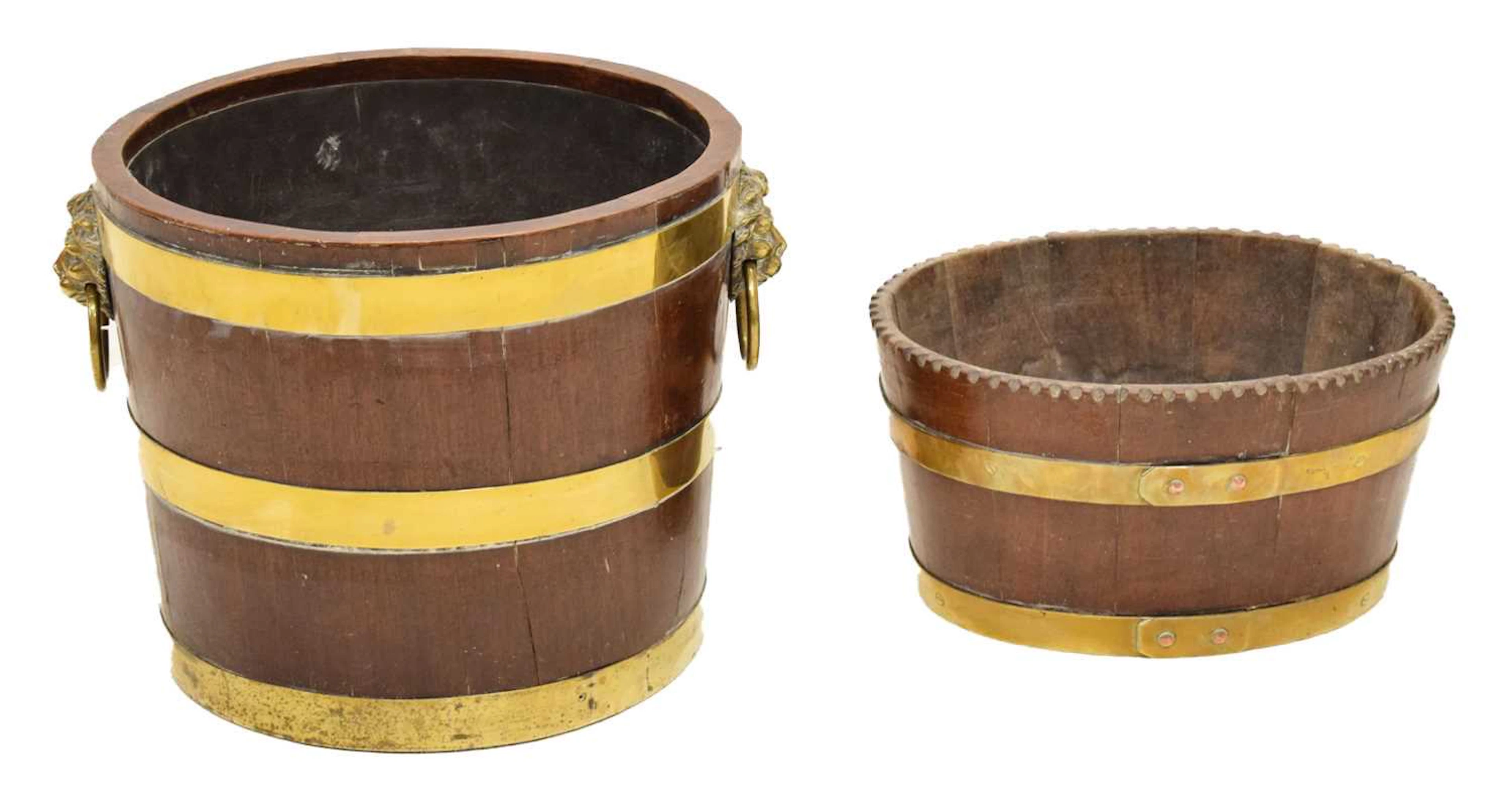 George III brass-bound coopered bucket or log bin, together with another