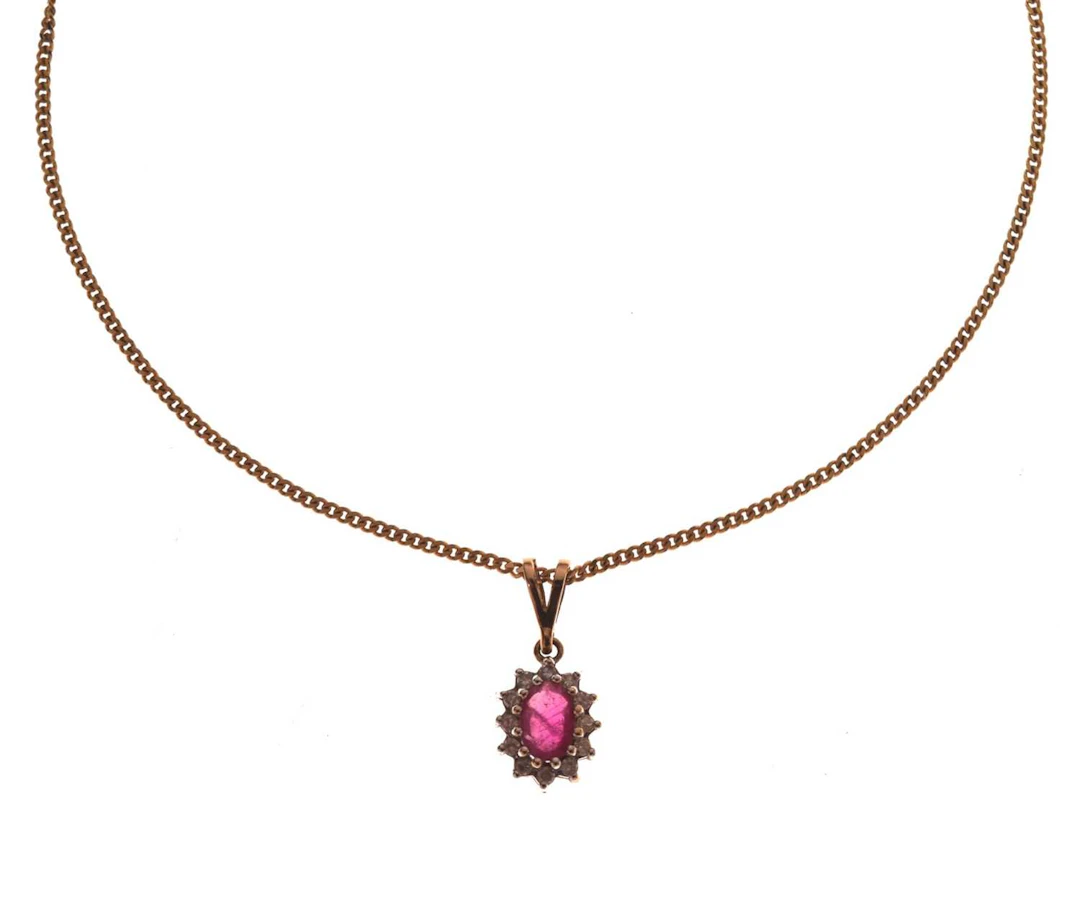Ruby and diamond 9ct gold pendant necklace