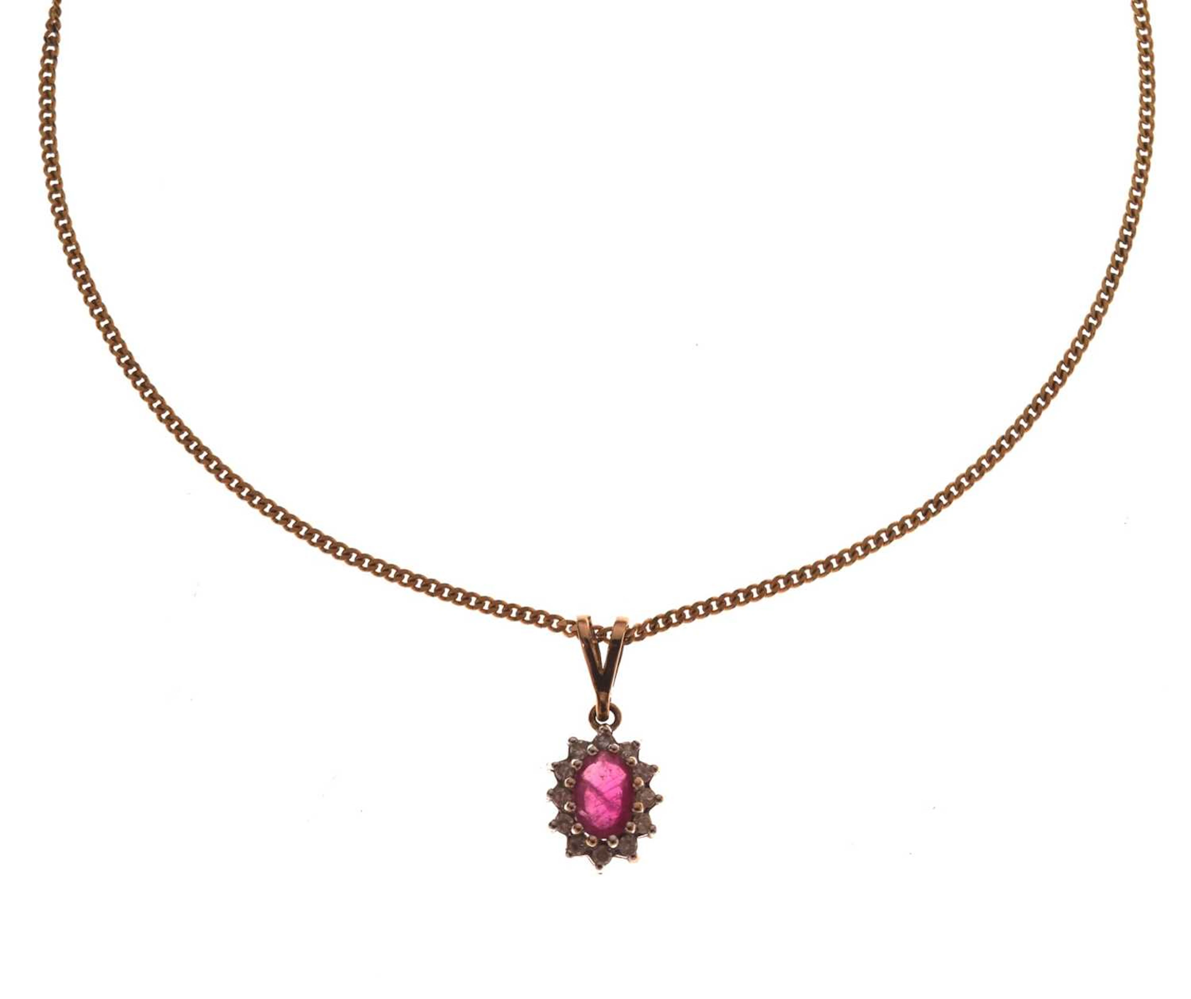 Ruby and diamond 9ct gold pendant necklace