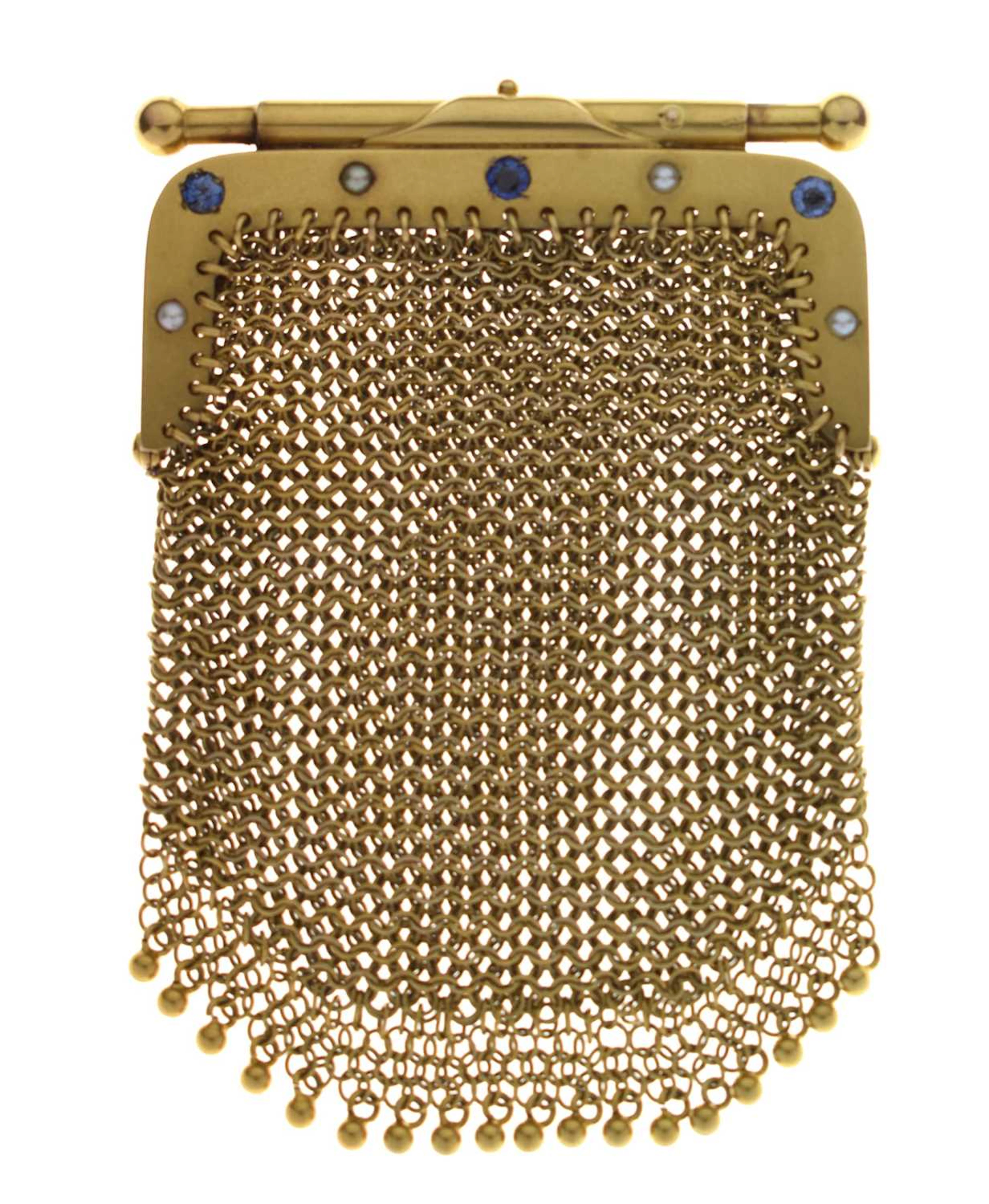 Yellow metal (15c), sapphire and seed pearl mounted mesh evening purse